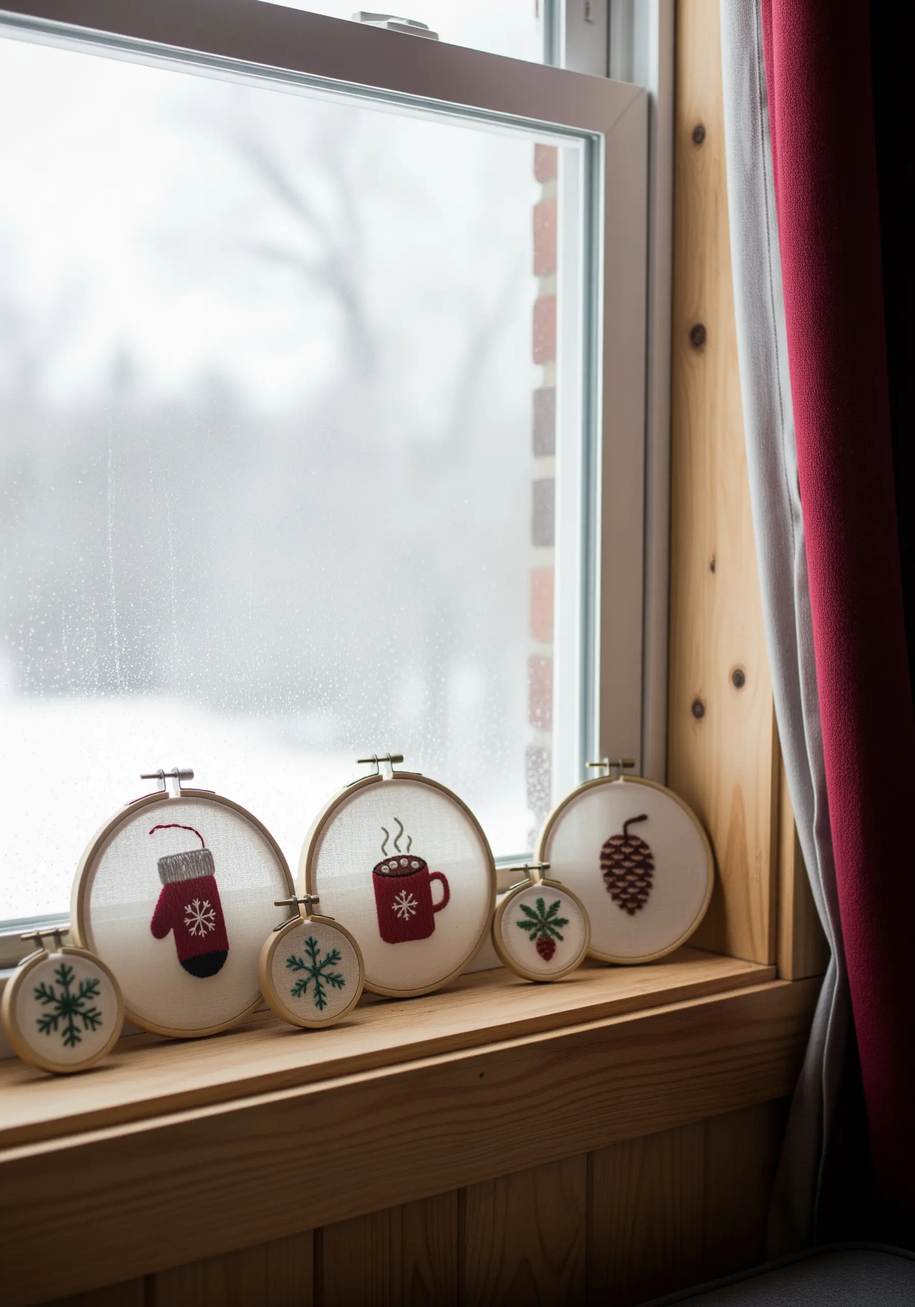 A collection of small winter-themed embroidery hoops arranged on a wooden windowsill.