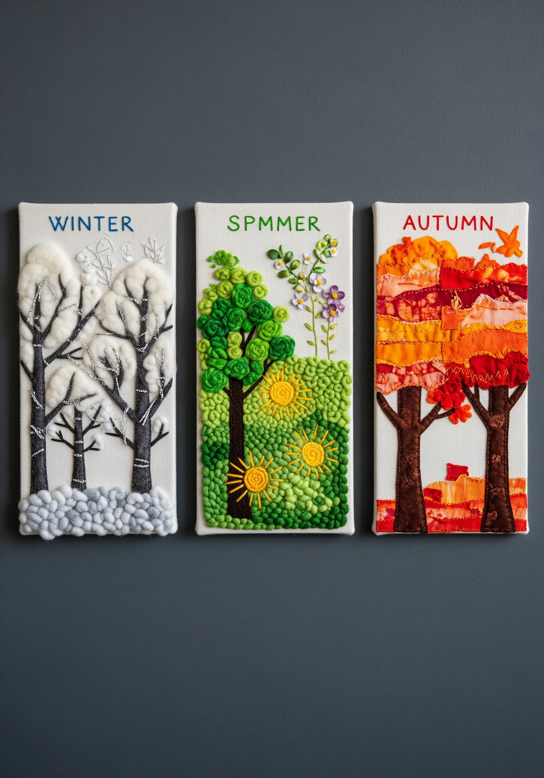 Triptych of embroidered seasons on canvas using fabric collage, French knots, and needle felting.