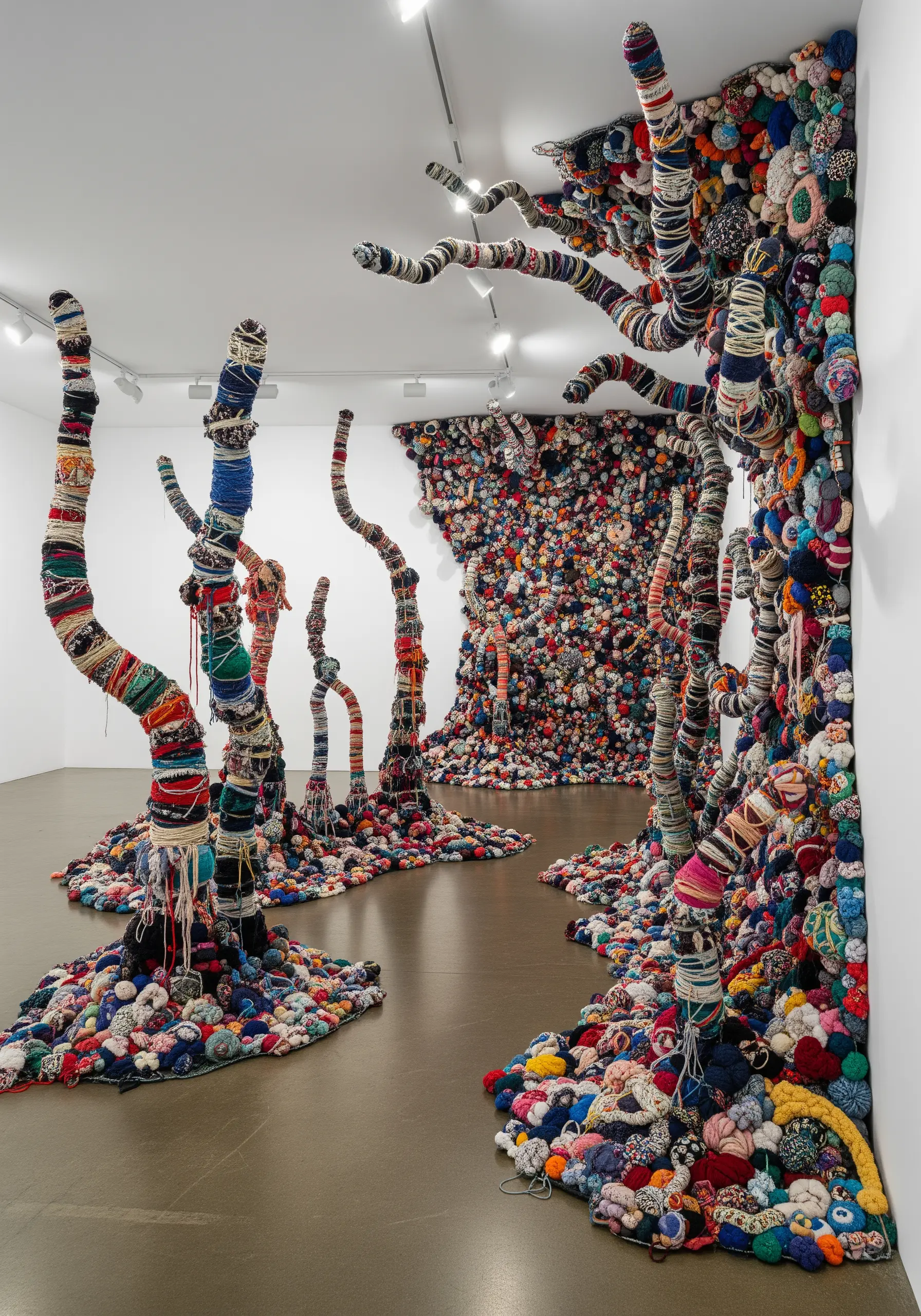 Sculptural, tree-like forms made from coiling and wrapping colorful fabric scraps.