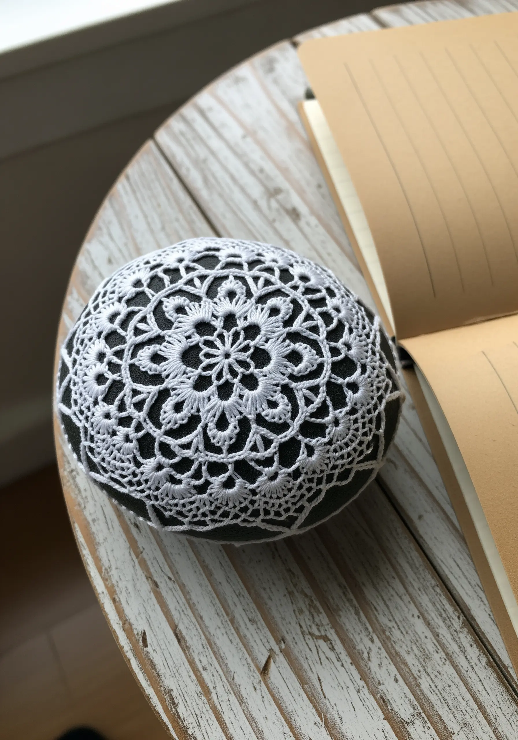Smooth stone covered in delicate white crochet lace
