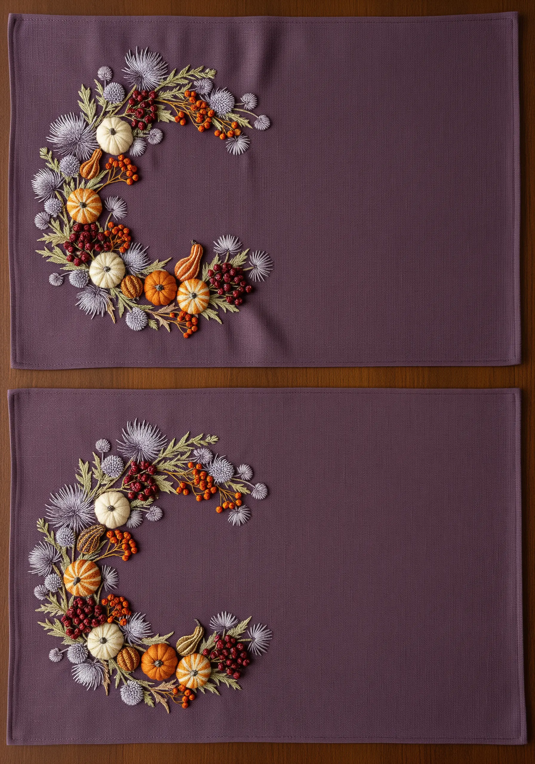 Two crescent-shaped autumn wreaths embroidered with pumpkins, berries, and thistles.