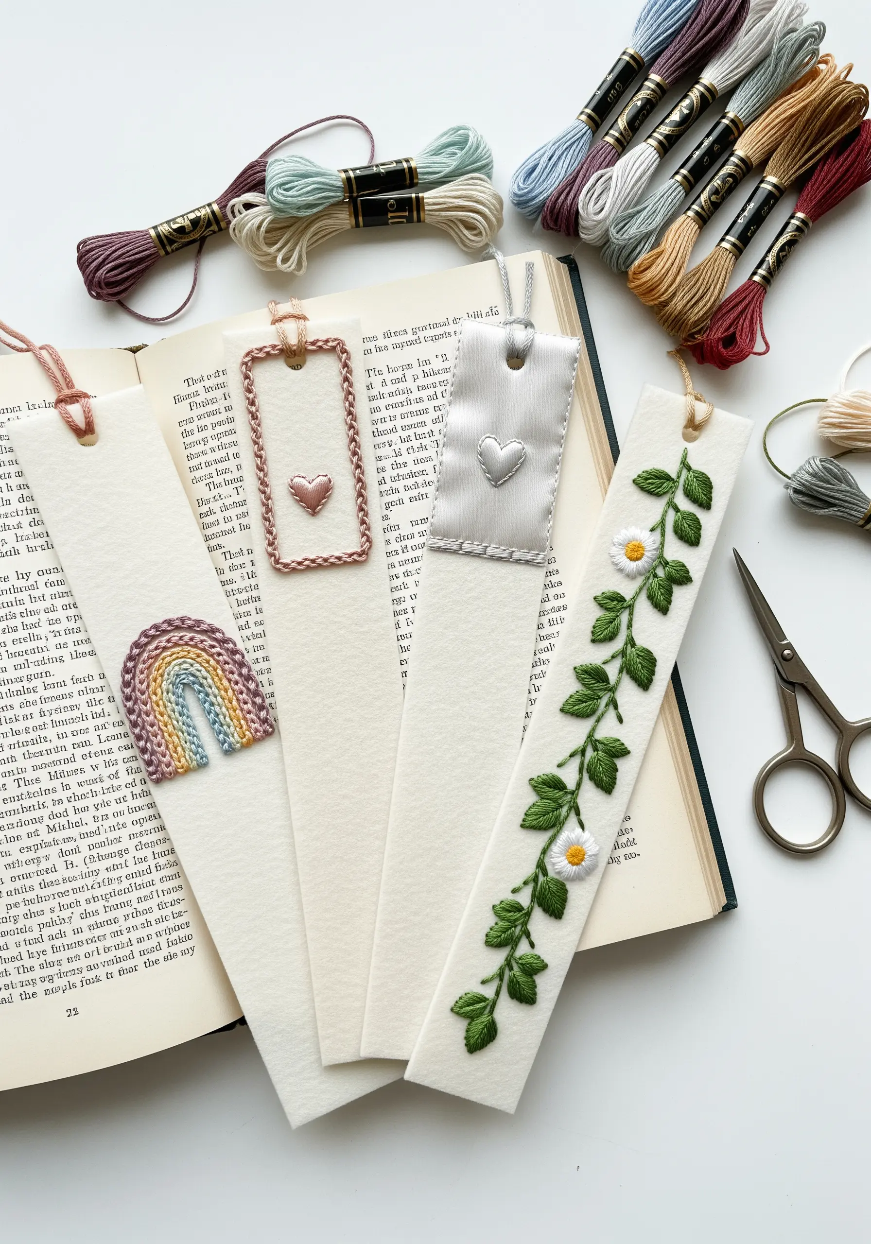 A collection of handmade embroidered bookmarks with daisies, a rainbow, and a heart.