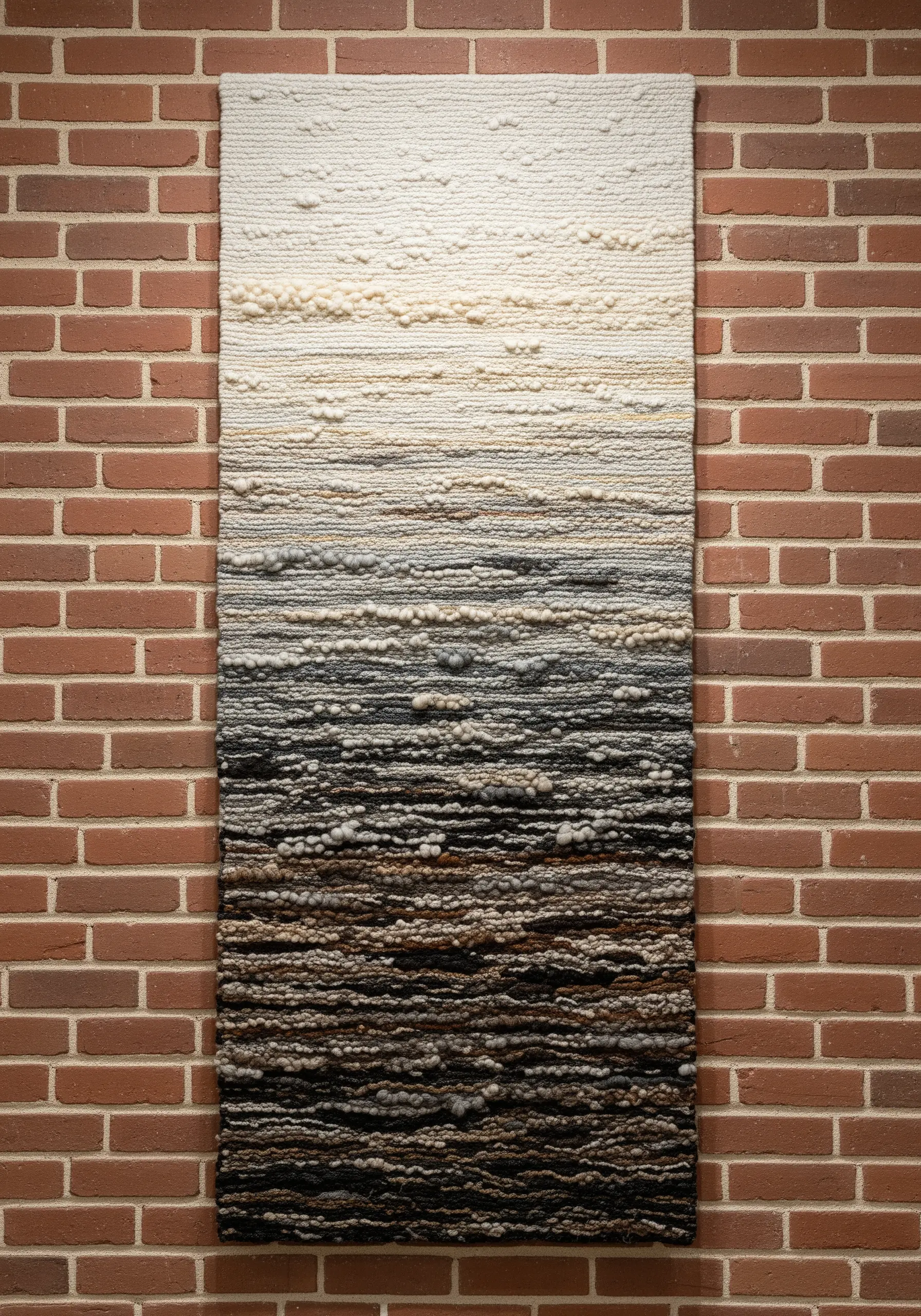 A woven wall hanging with a textural gradient from dark, chunky yarns at the bottom to fine, light yarns at the top.