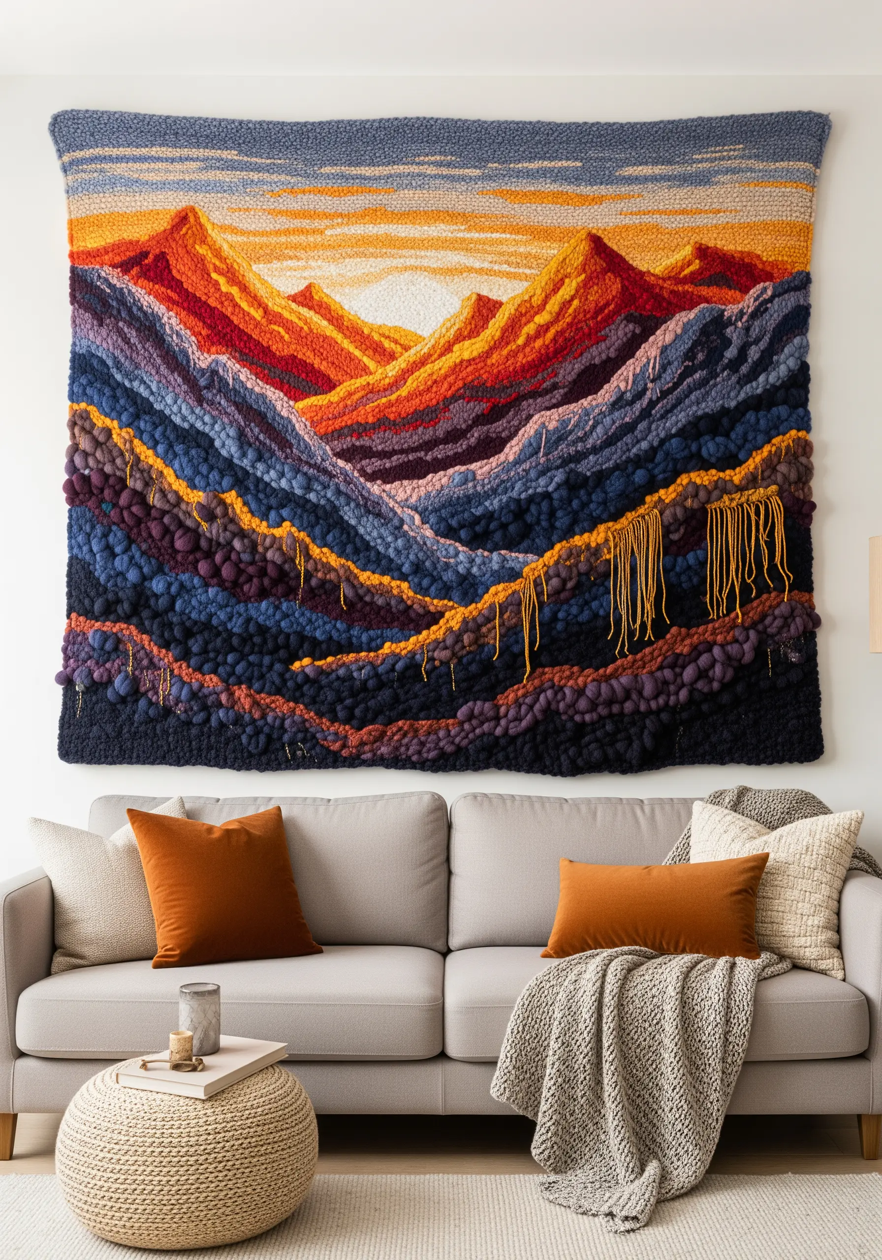 Tufted wall tapestry featuring a mountain sunset with textured yarn loops