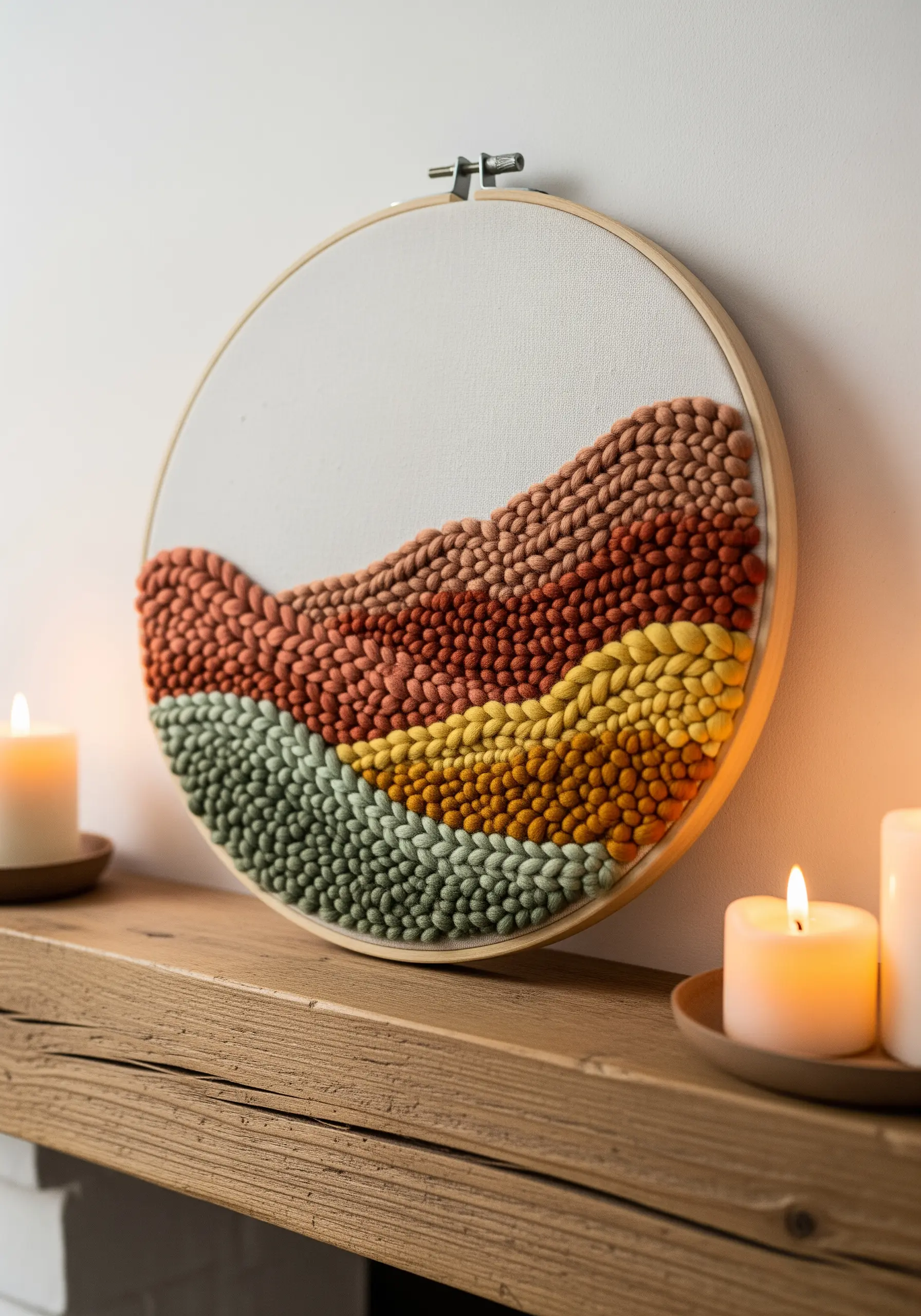 Embroidery hoop showing a landscape made entirely of dense French knots in earth tones