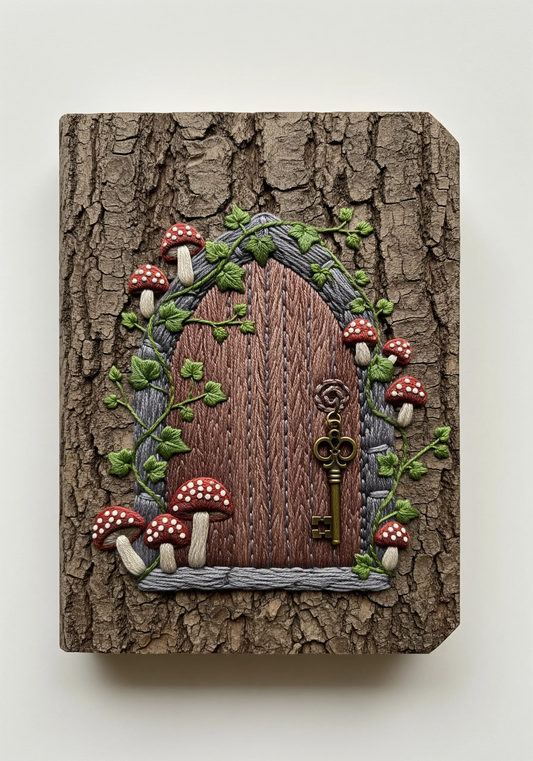 Embroidered fairy door with mushrooms and vines on a textured, bark-like journal cover.