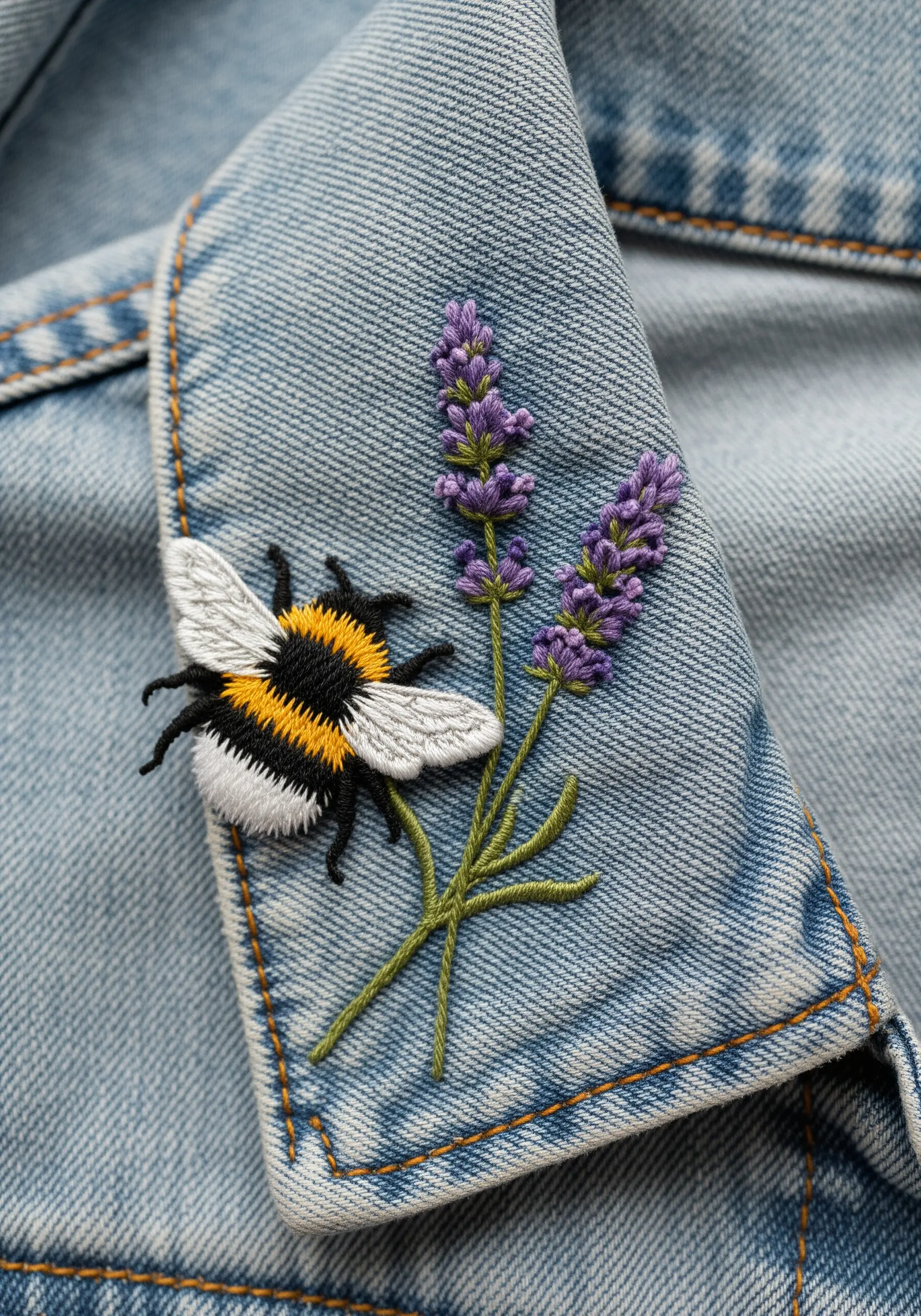 A textured, fluffy bumblebee and lavender sprig embroidered on a denim collar.