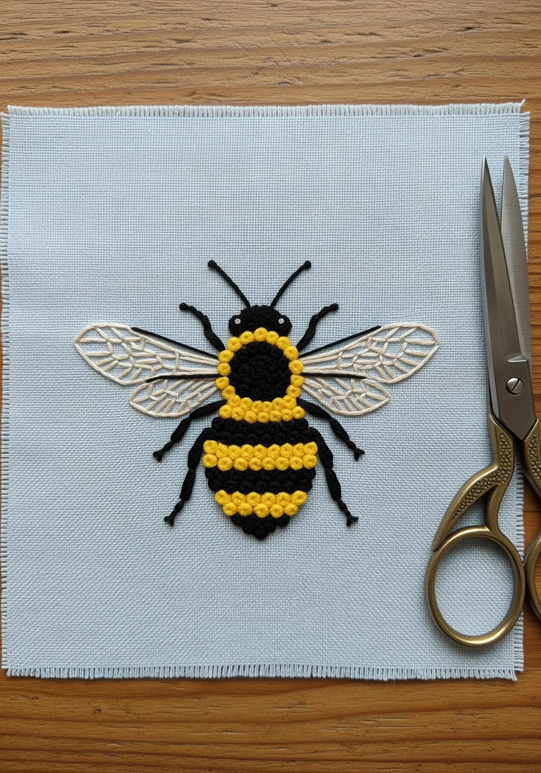 Bee embroidery featuring French knot texture on the body and open wings