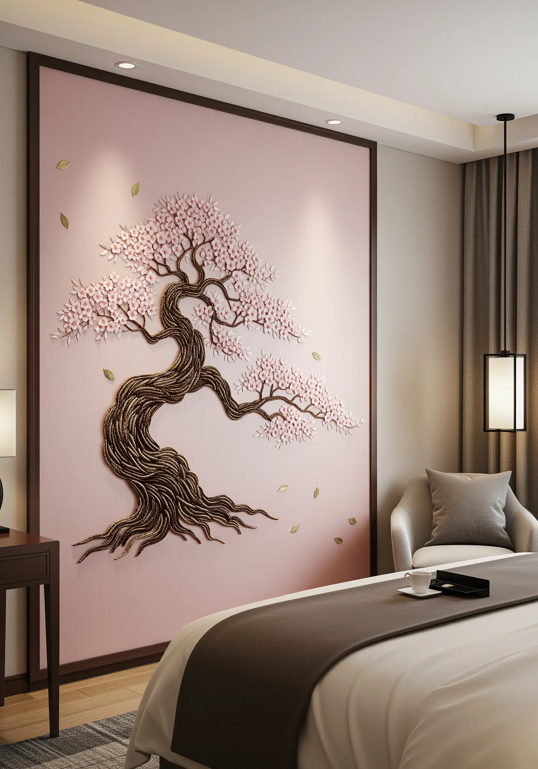 A large wall mural of a cherry blossom tree with a highly textured trunk and 3D flowers.