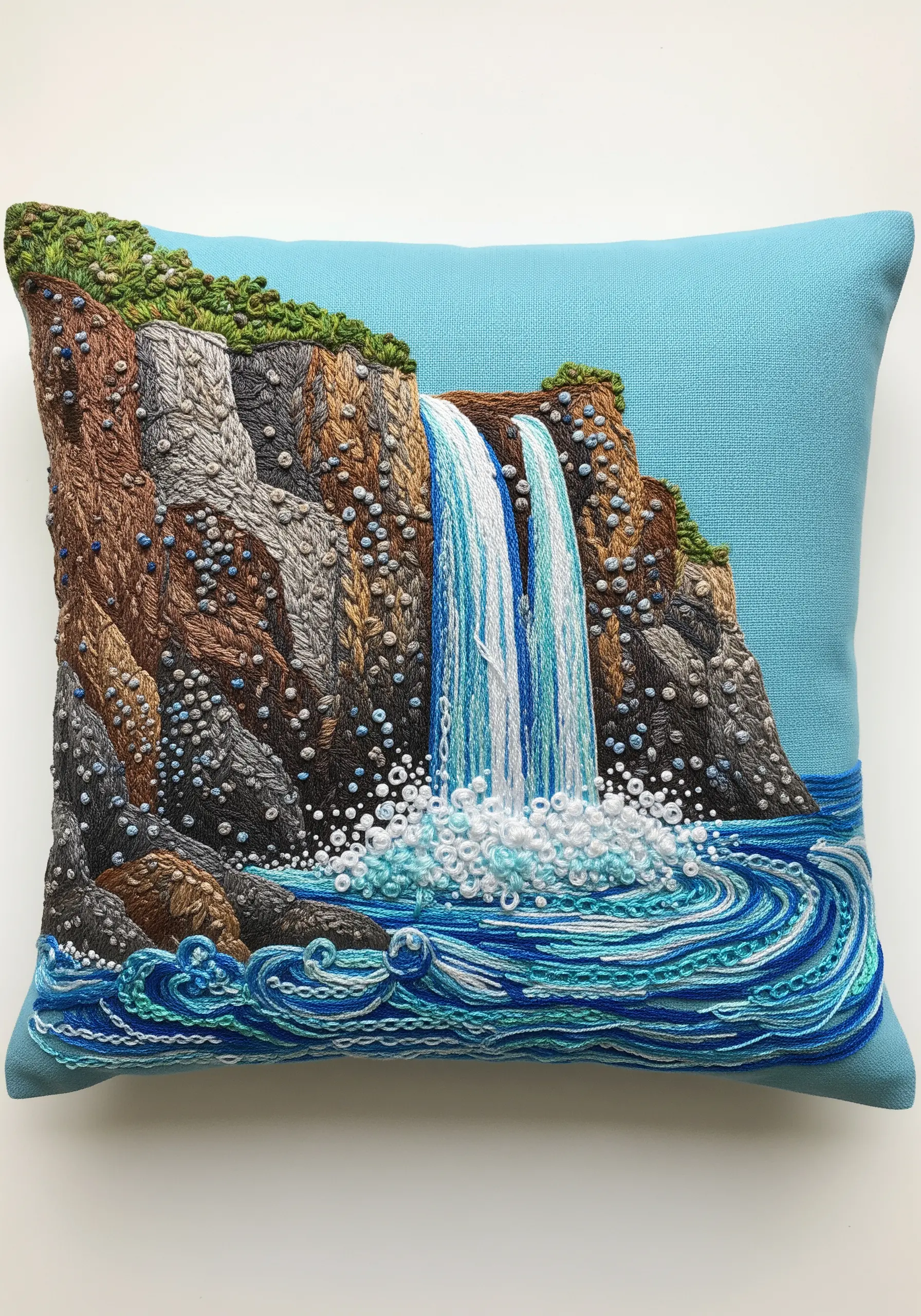 Embroidered waterfall on a coastal cliff, with textured knots for rocks and seafoam.