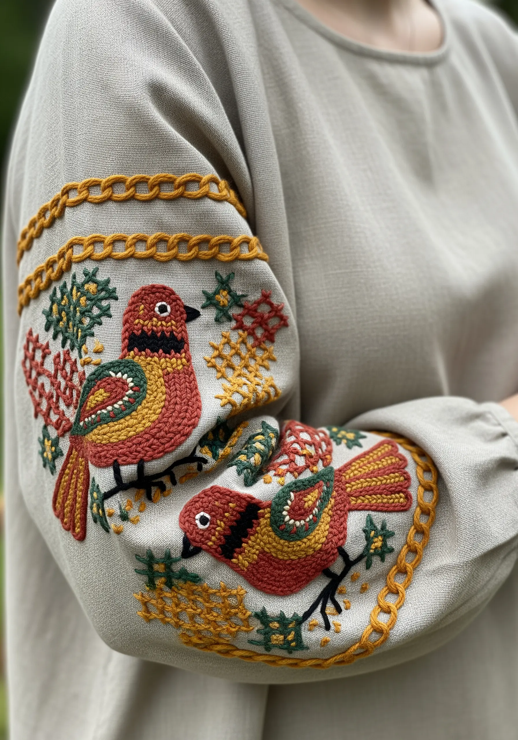 Two folk-art style birds embroidered on a linen sleeve with thick, textured stitches in earthy tones.