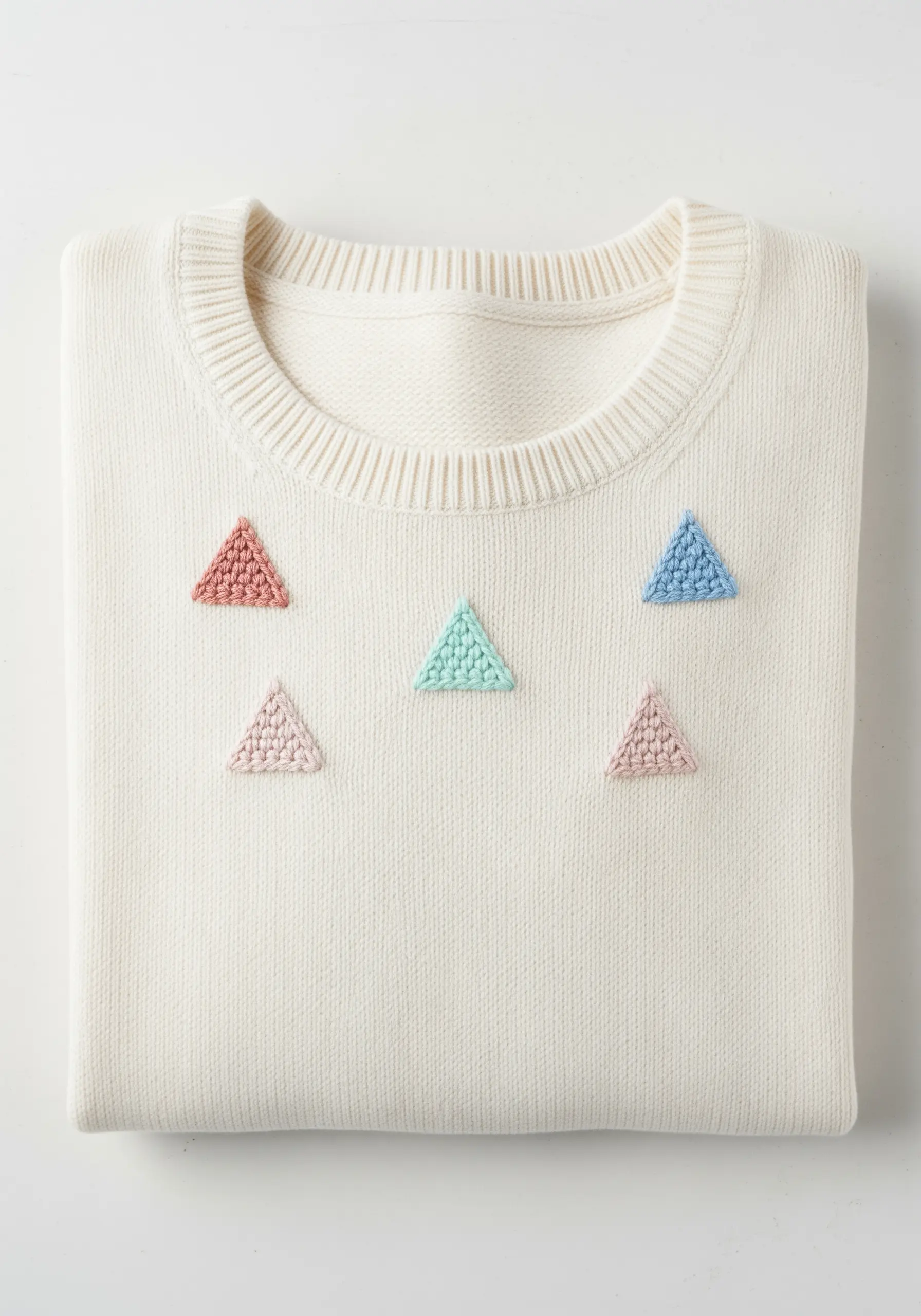 Five small triangles in pastel colors filled with textured stitches on a cream sweater.