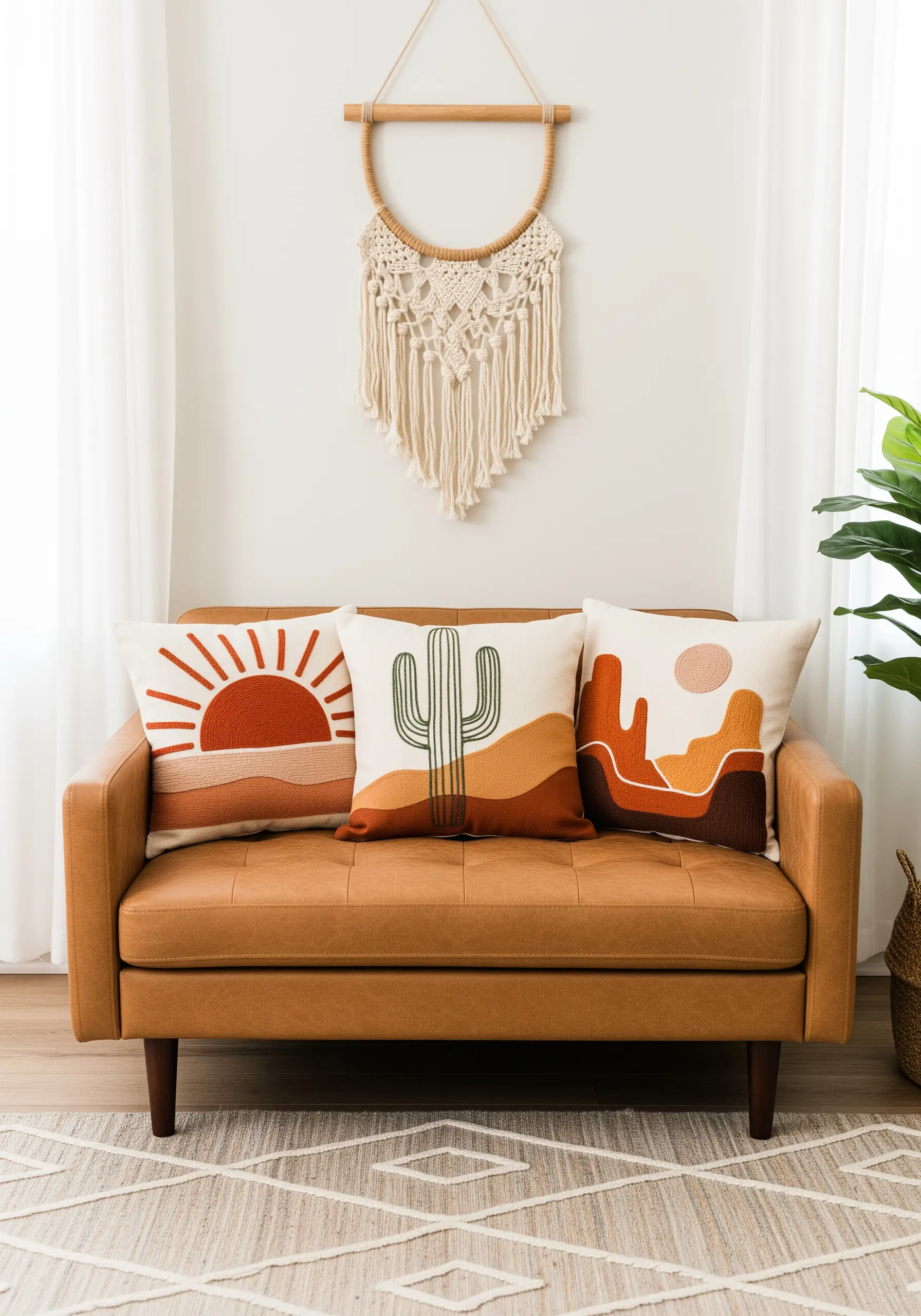 Three desert-themed cushions with embroidered sun, cactus, and landscape designs.