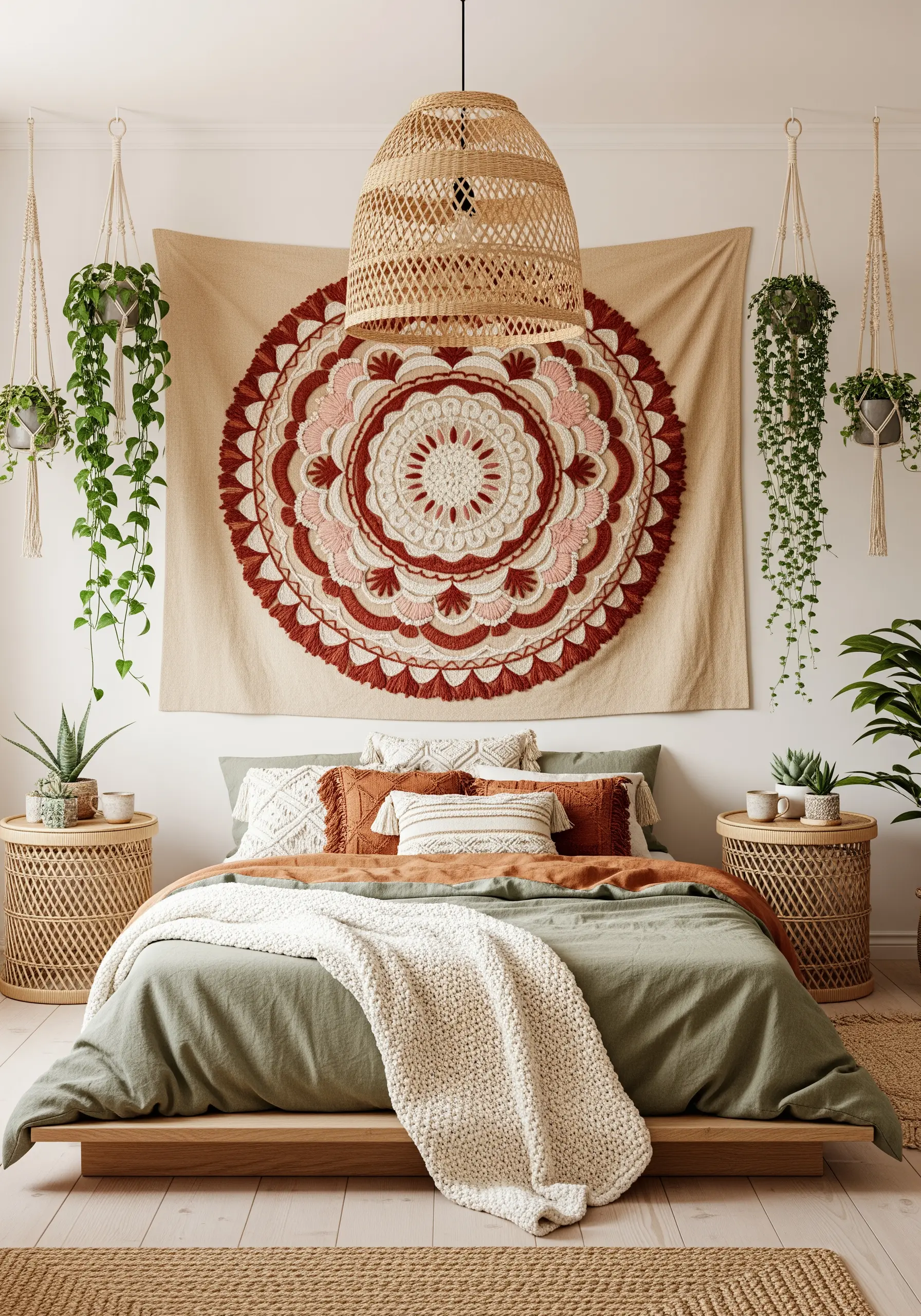 Large woven mandala wall hanging in earth tones