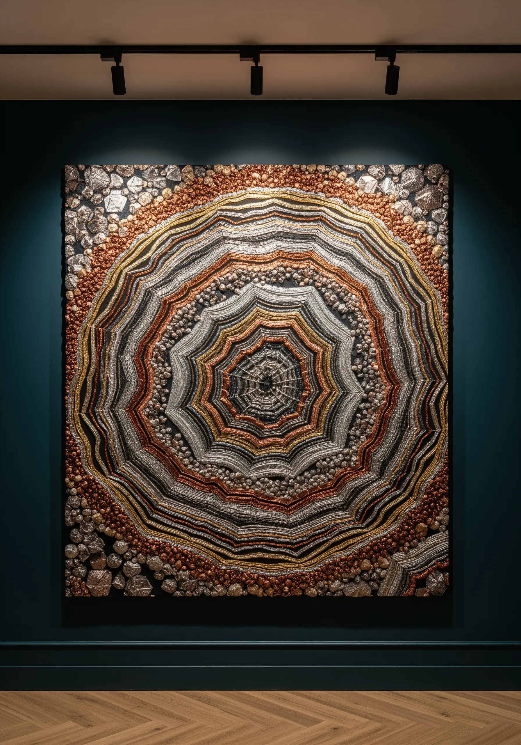 A heavily textured, circular wall art piece resembling a geode slice, made with metallic threads.
