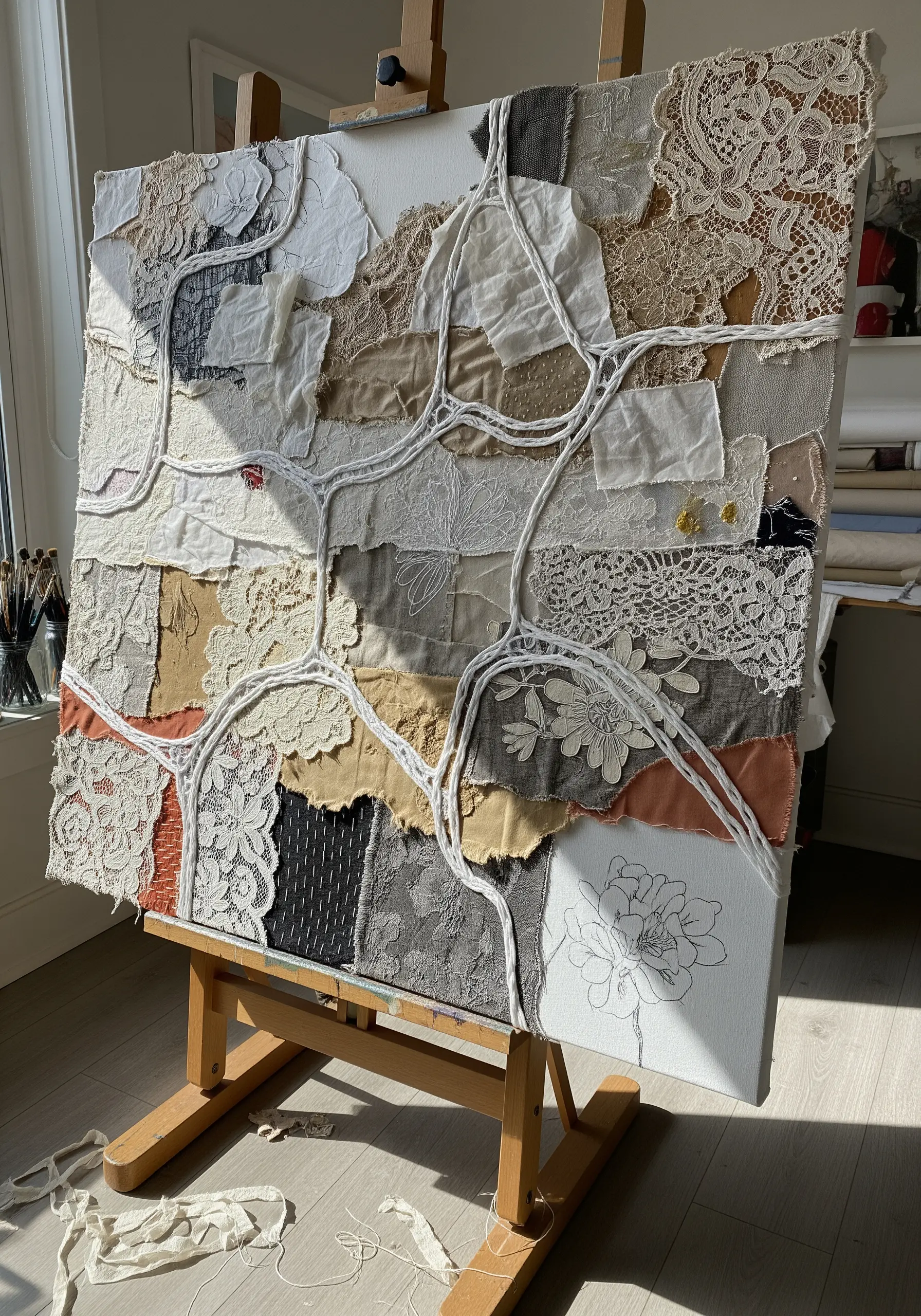 Neutral fabric collage embroidery with lace and raw edges