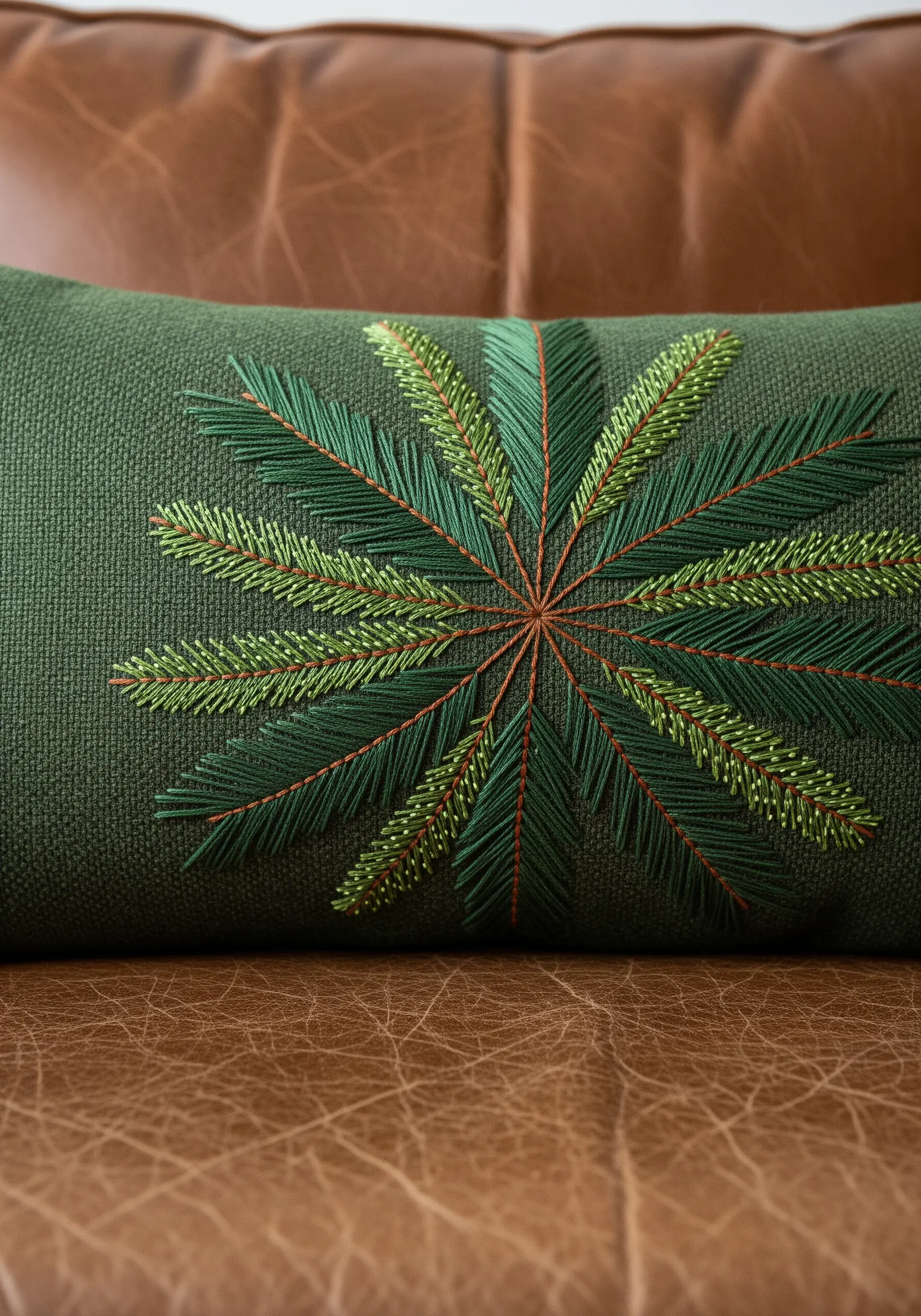 A radial pine needle mandala in two shades of green on a dark green lumbar pillow.