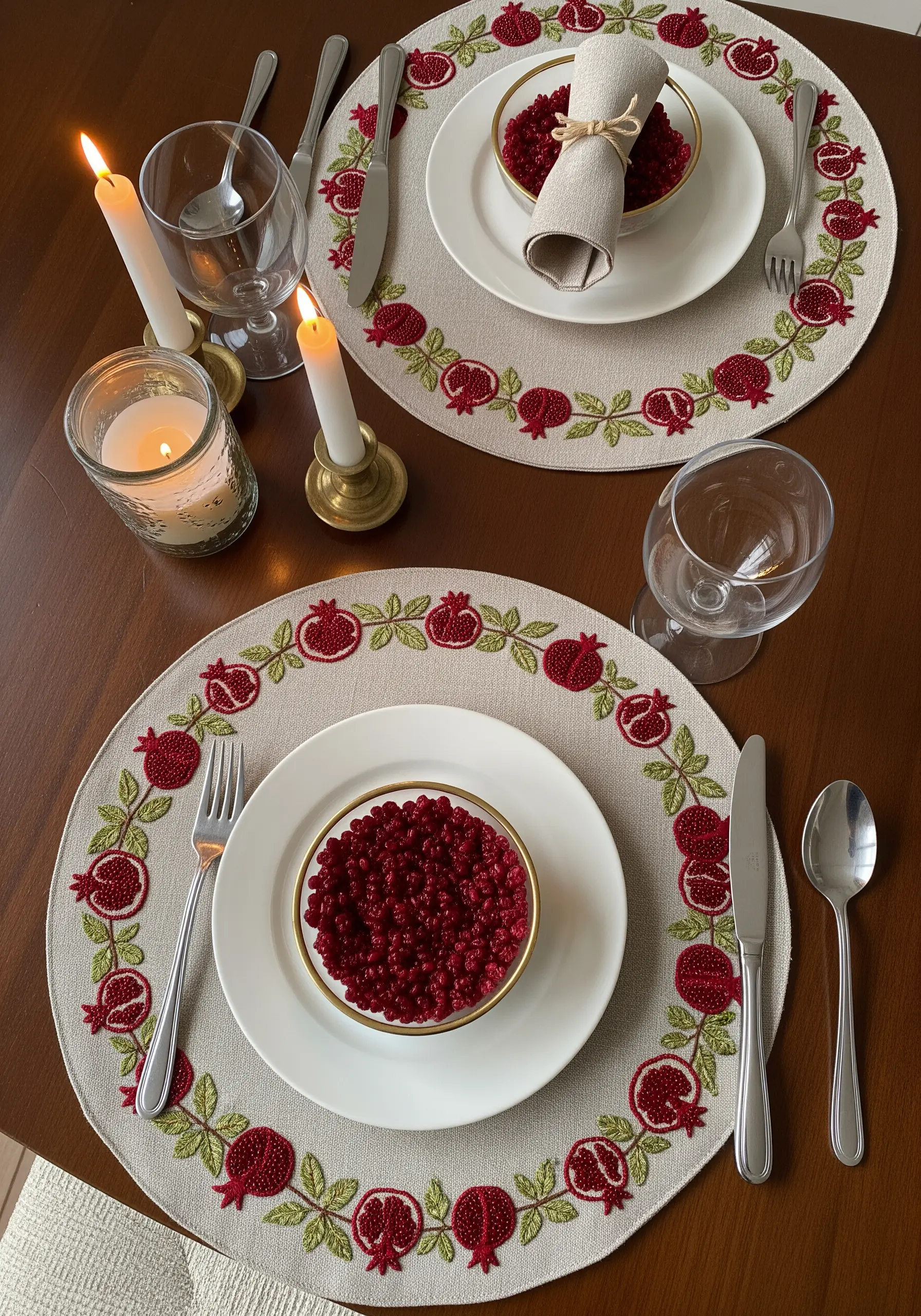 A border of embroidered pomegranates and leaves on a round placemat.