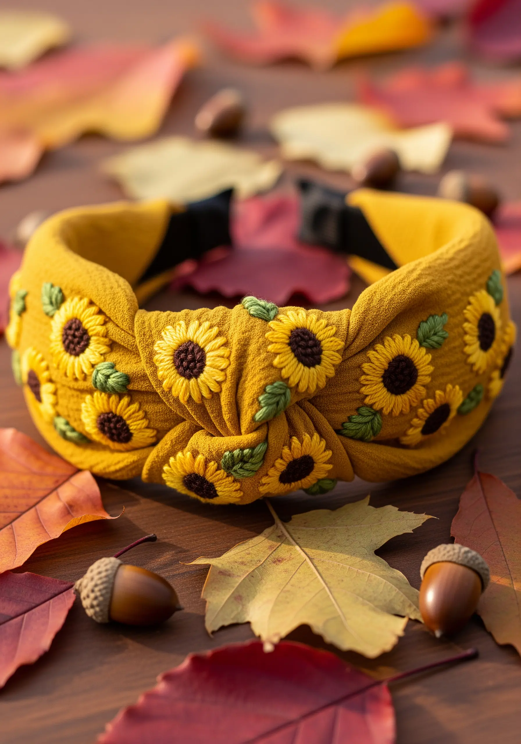Woven wheel sunflowers on yellow knotted headband