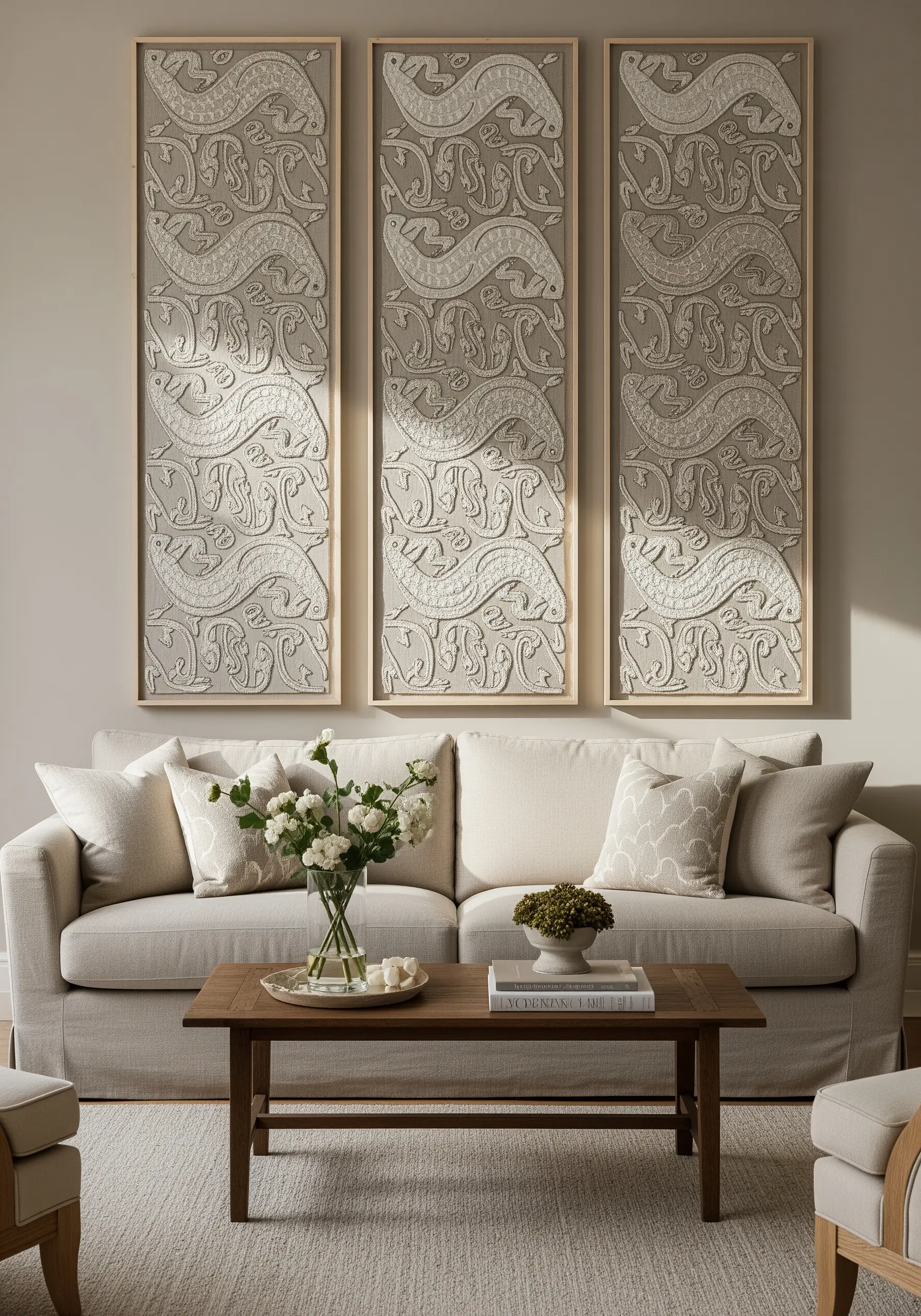 Three vertical beige panels with textured white snake-like embroidery patterns above a sofa
