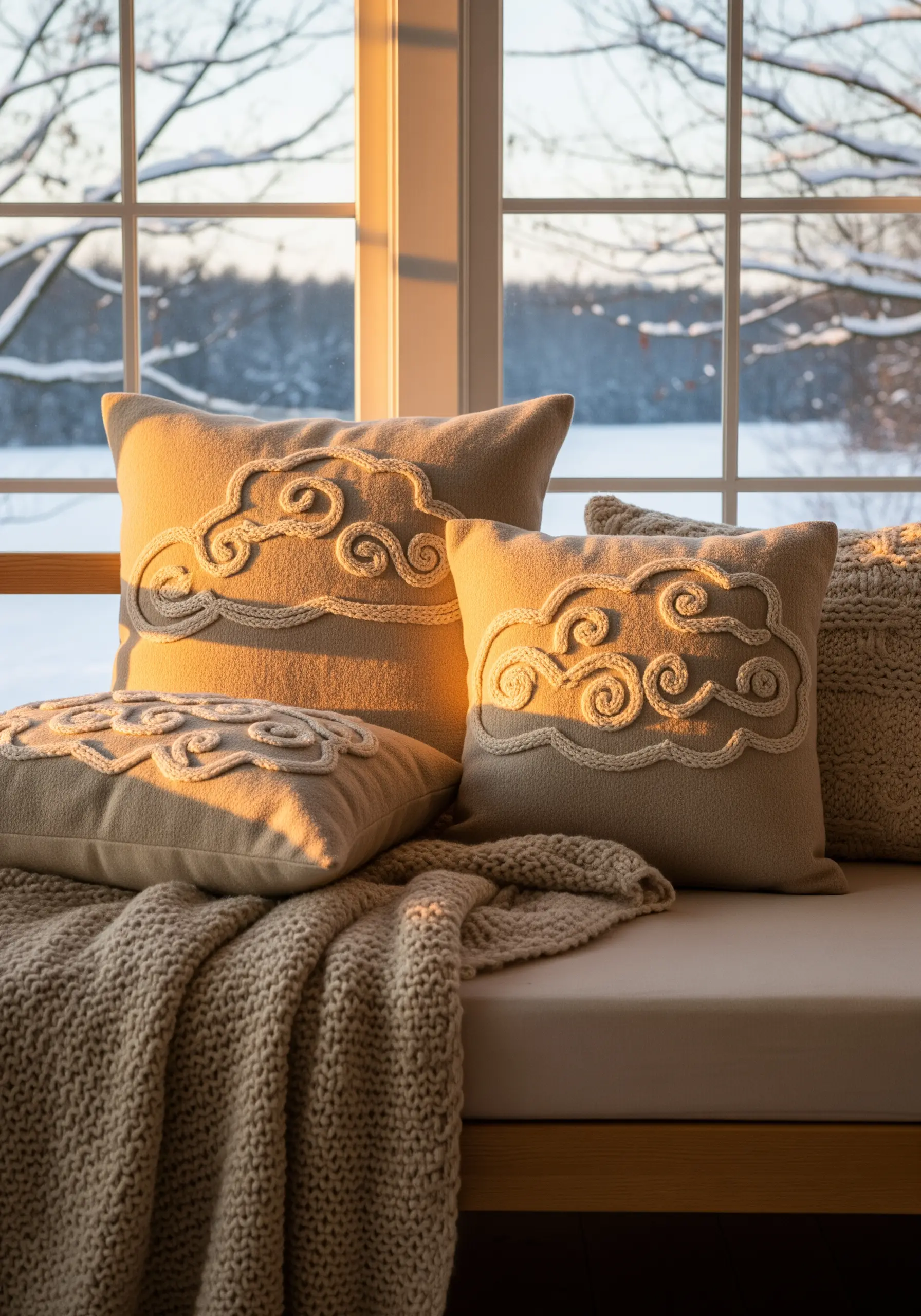 Beige pillows with raised yarn embroidery in cloud shapes