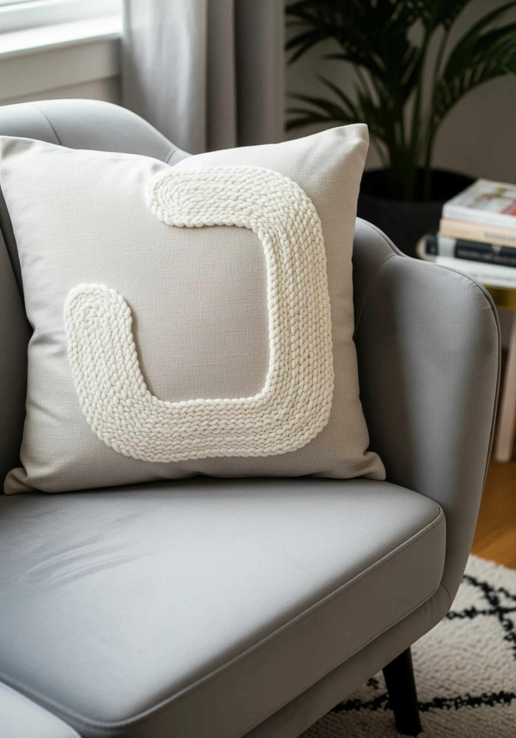 Grey pillow with a large, white, U-shaped textured embroidery design