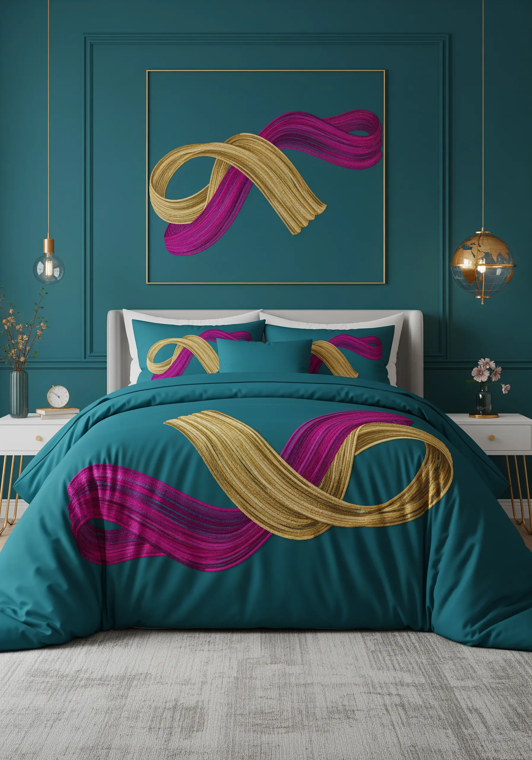 An abstract infinity ribbon in magenta and gold embroidered on a teal duvet set.