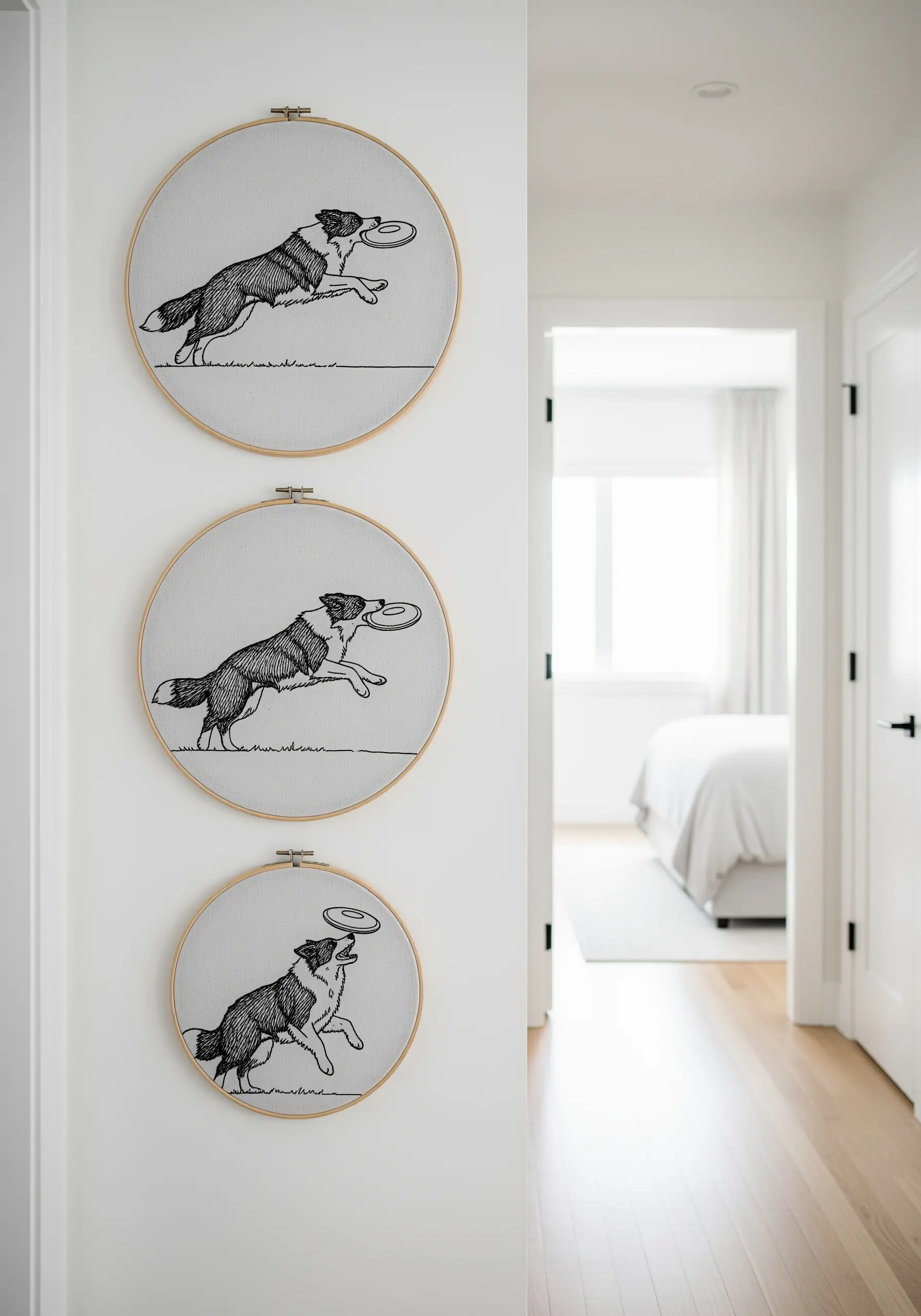 Three embroidery hoops showing a Border Collie in sequence catching a frisbee.