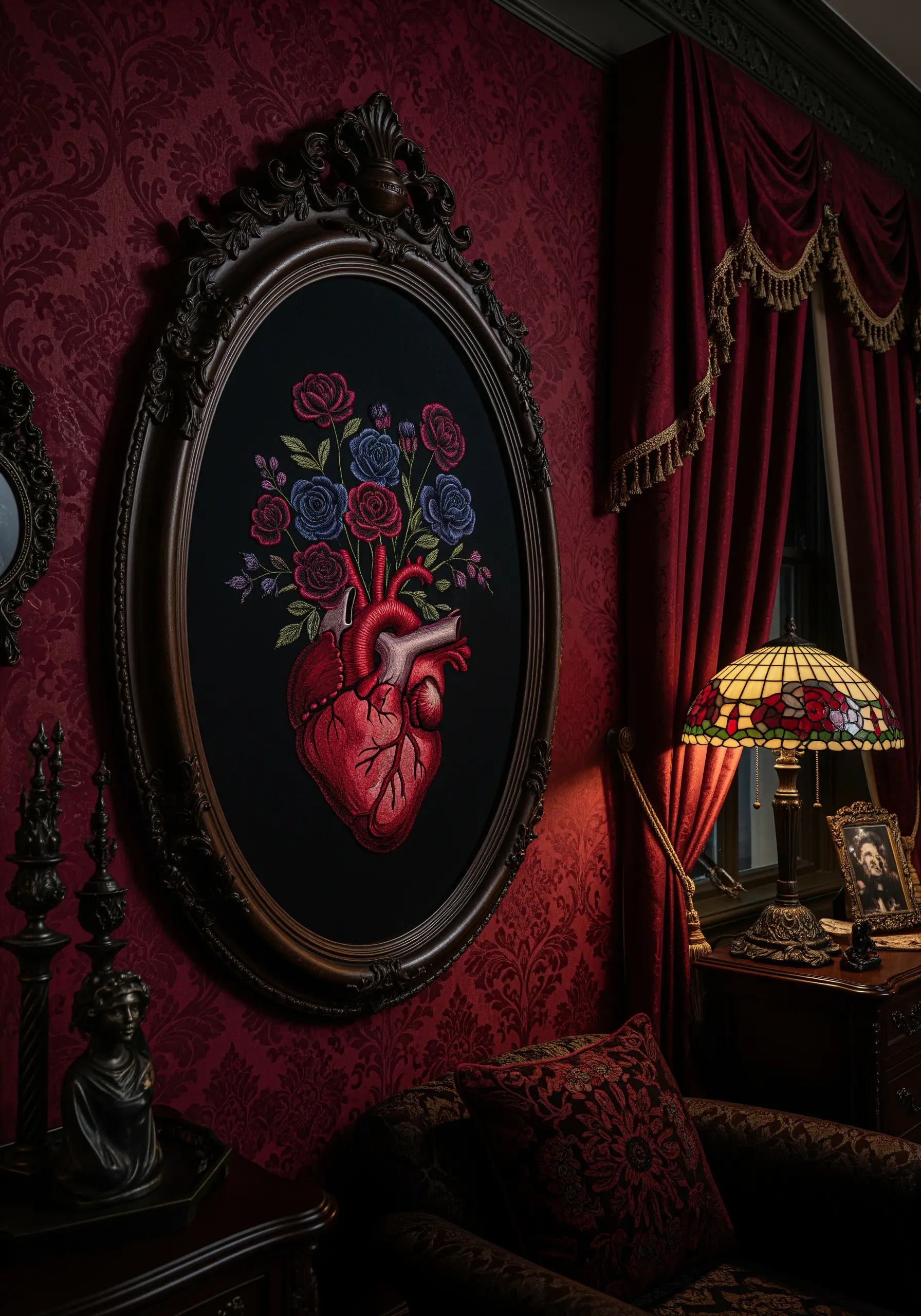 An anatomical heart embroidered with a bouquet of roses on black fabric.