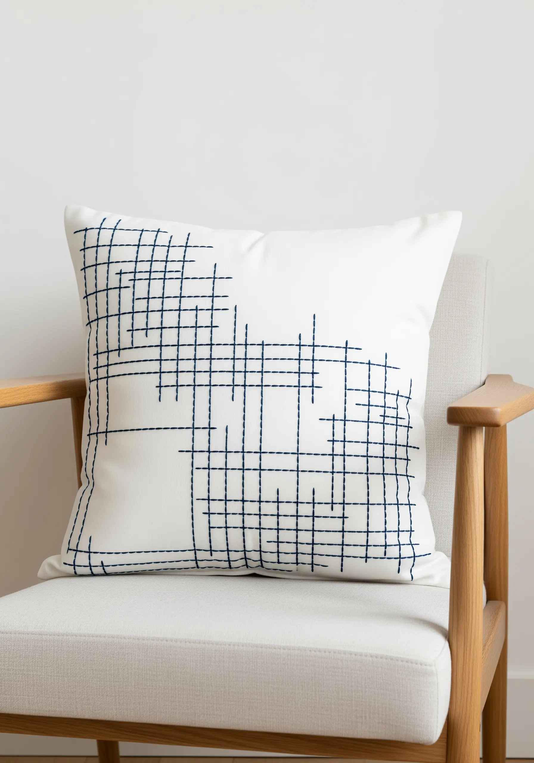 A minimalist grid pattern in navy blue running stitch on a white linen pillow.