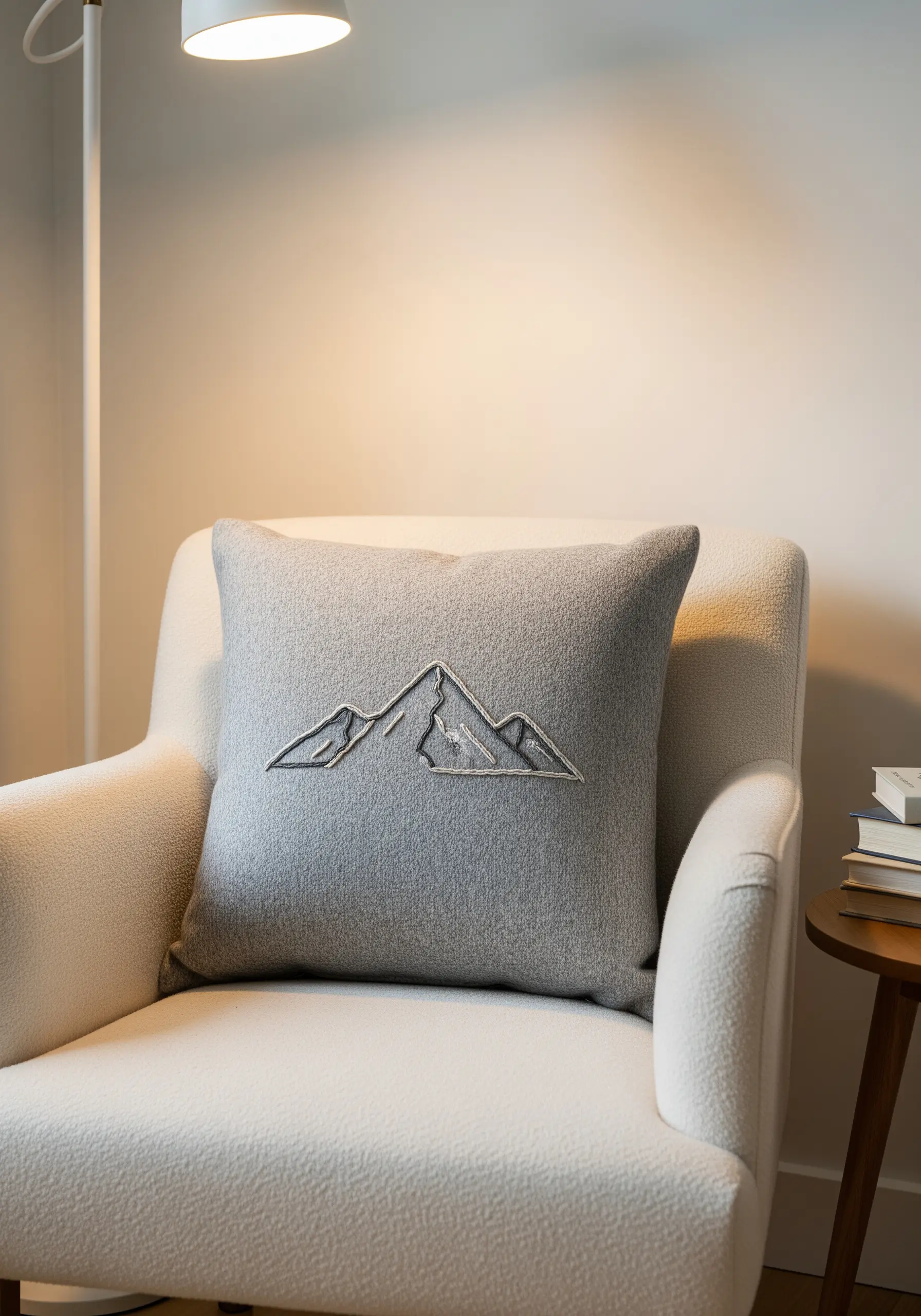 Embroidered mountain range on a gray textured pillow with satin stitch fill.