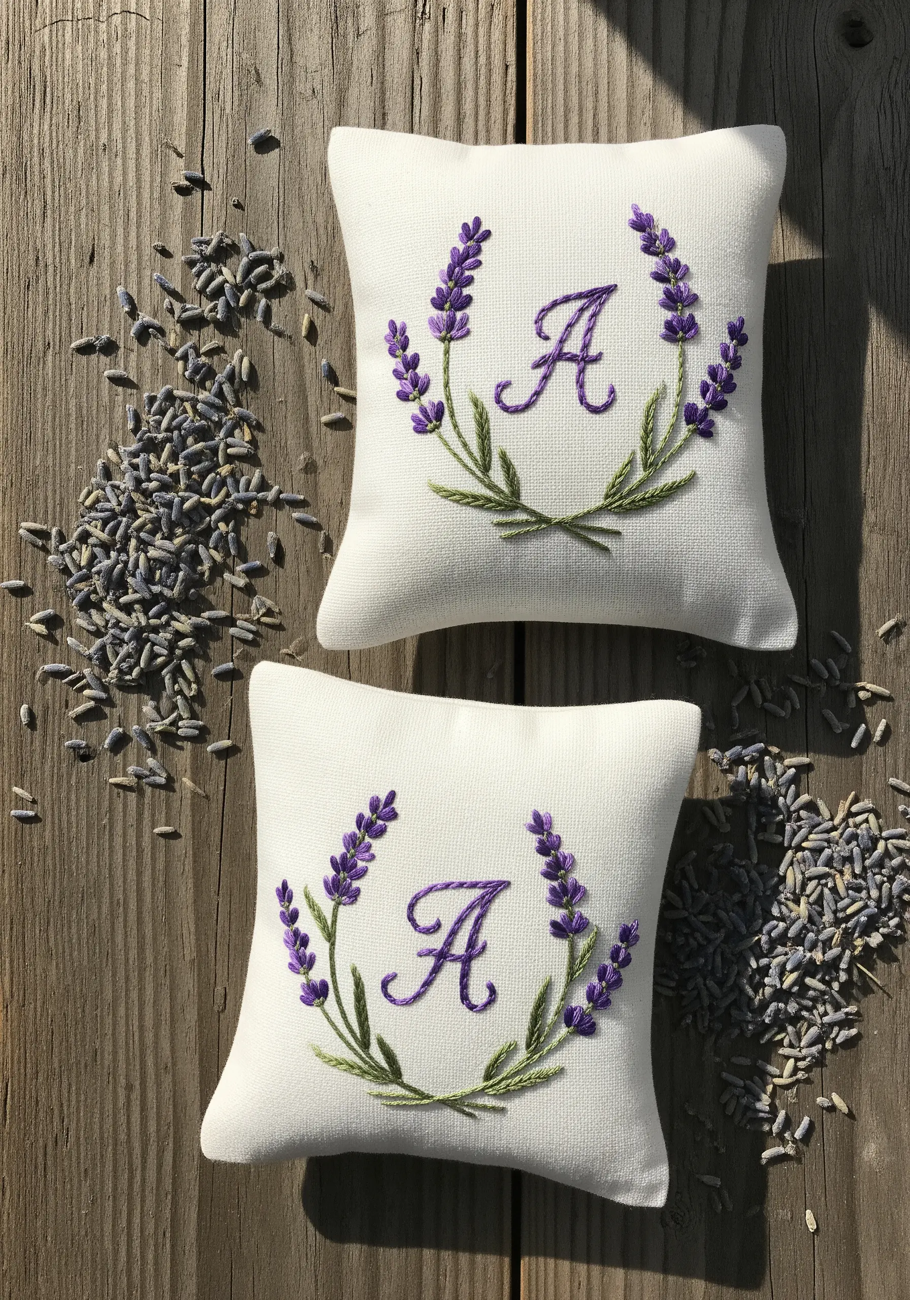 Two small white linen sachets, each embroidered with a lavender wreath around the letter 'A'.