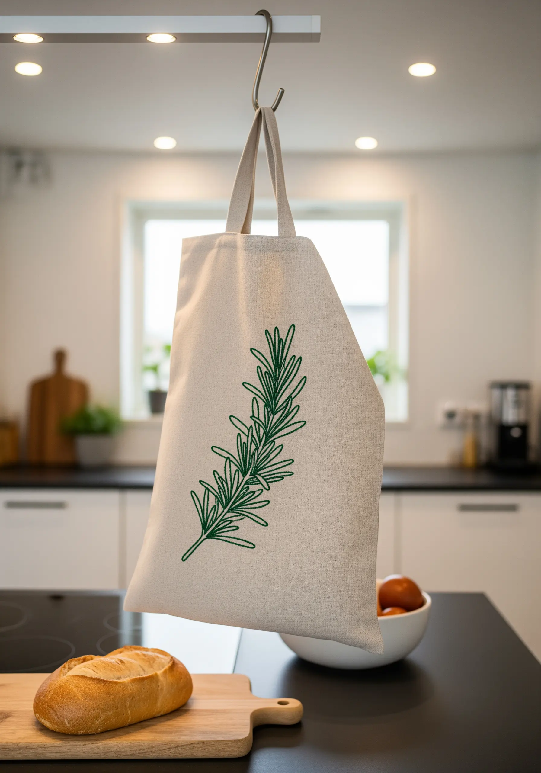 A sprig of rosemary embroidered in green outline stitch on a natural canvas apron.