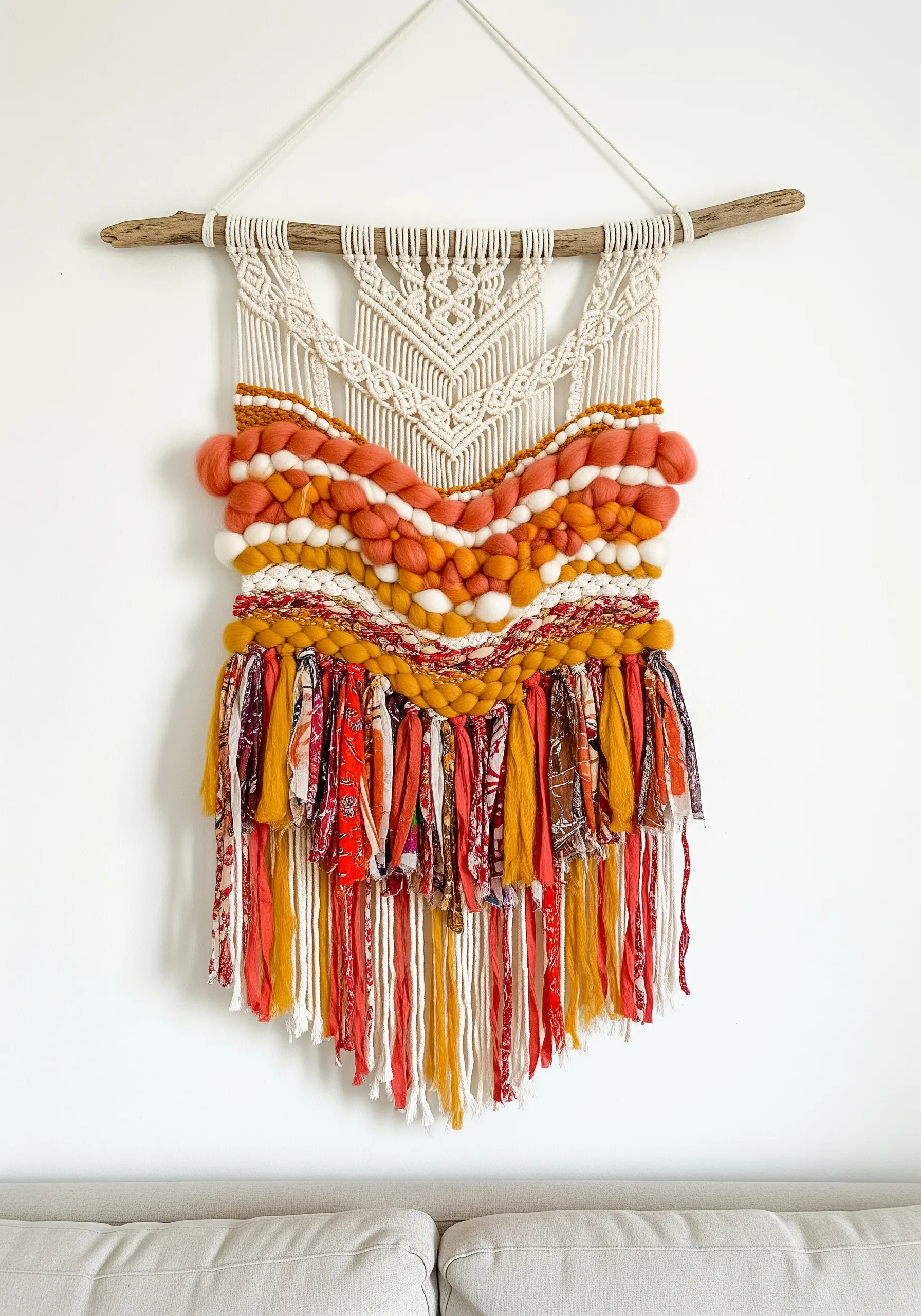 Boho wall hanging with macrame, chunky woven roving, and fabric strip fringe.
