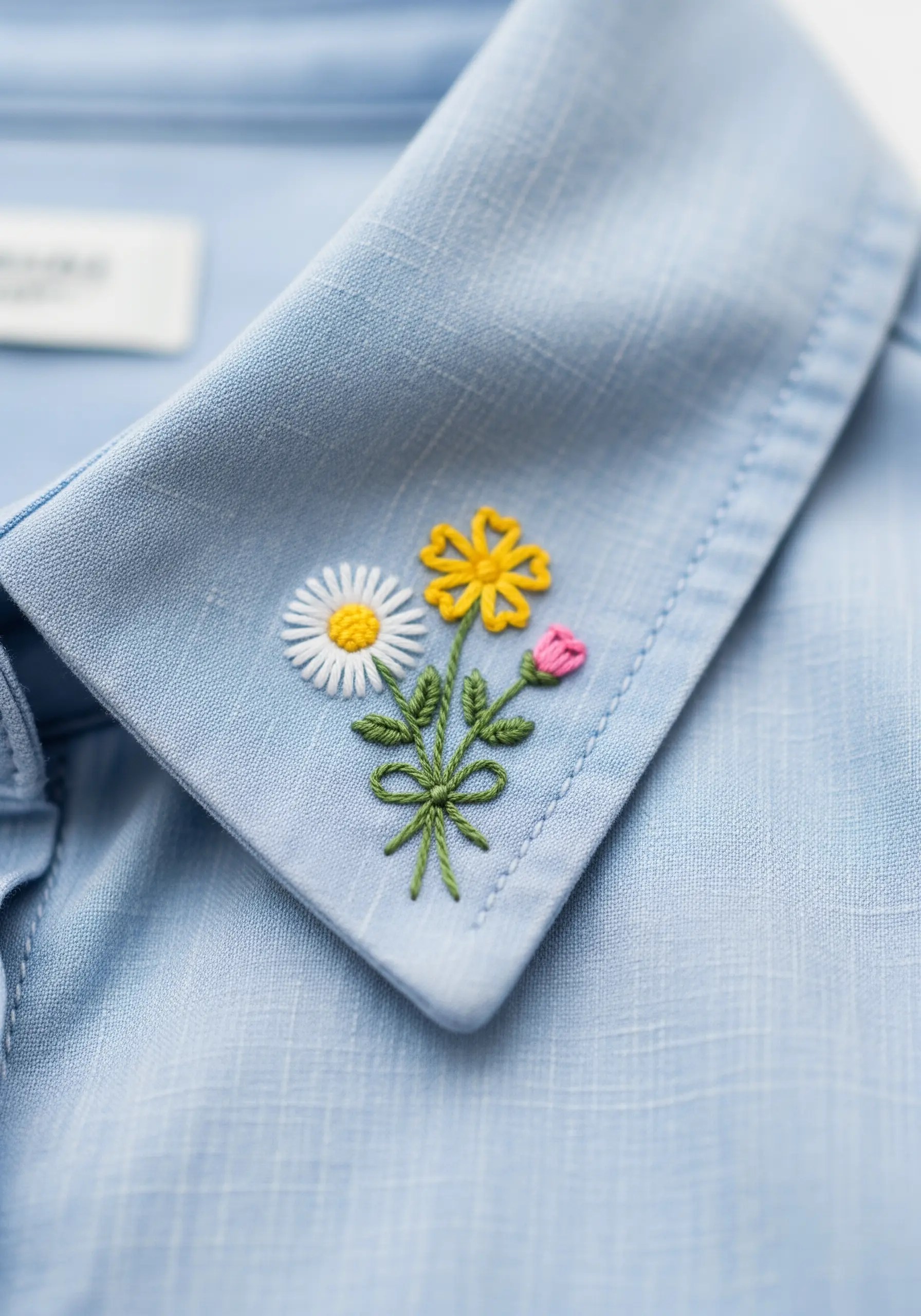A tiny bouquet of wildflowers with daisies embroidered on the collar of a blue shirt.