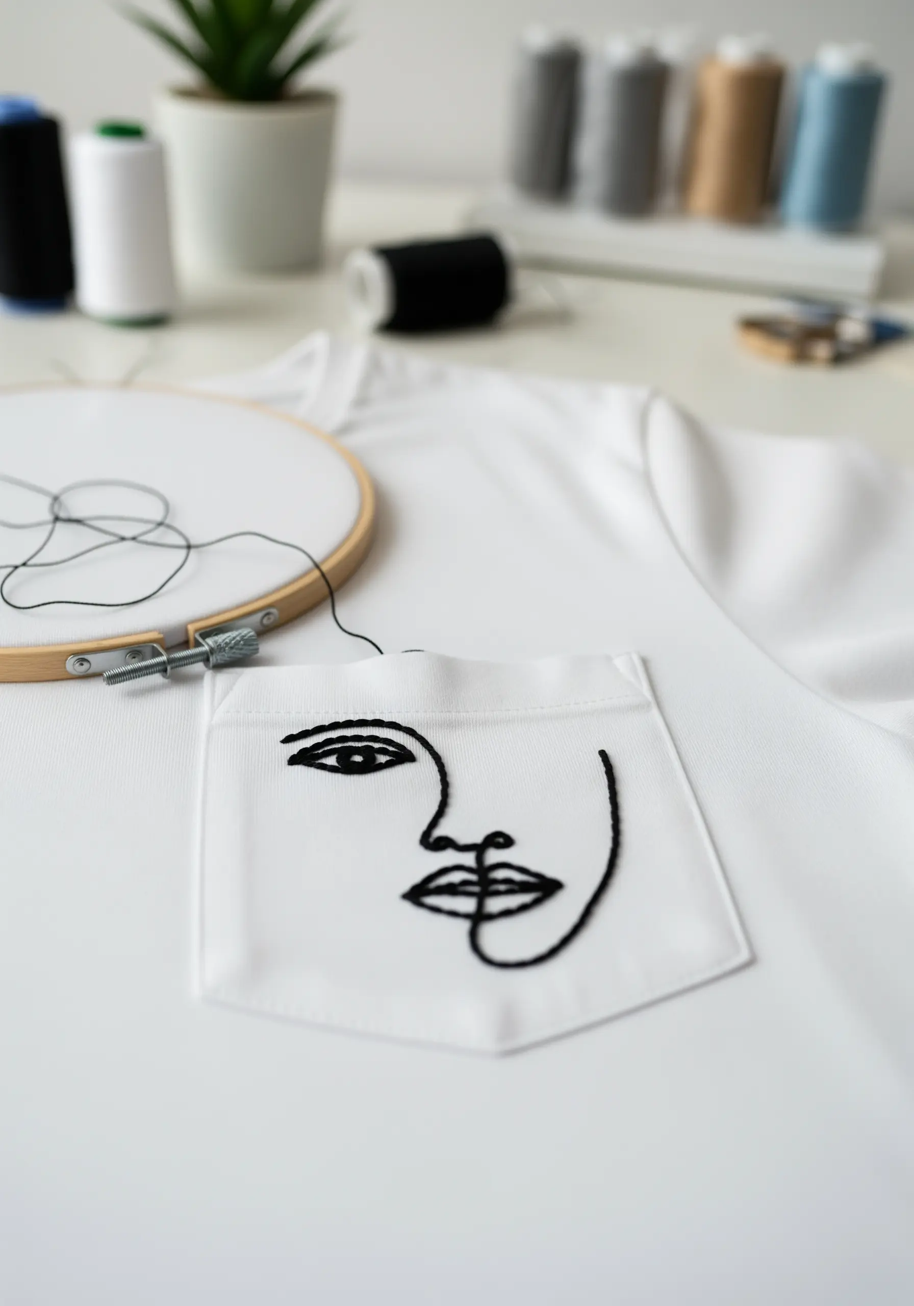 Minimalist one-line face embroidered in black thread on a white t-shirt pocket.