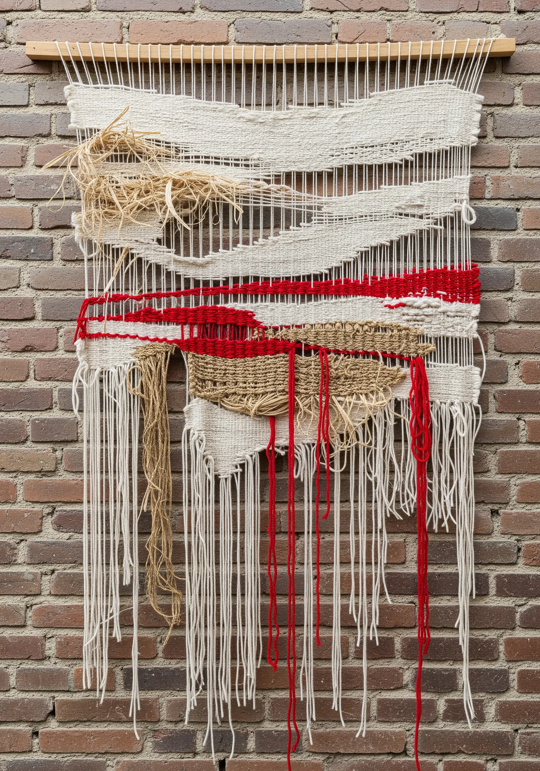 Abstract deconstructed weaving with exposed warp threads, straw, and loose red and white yarn.