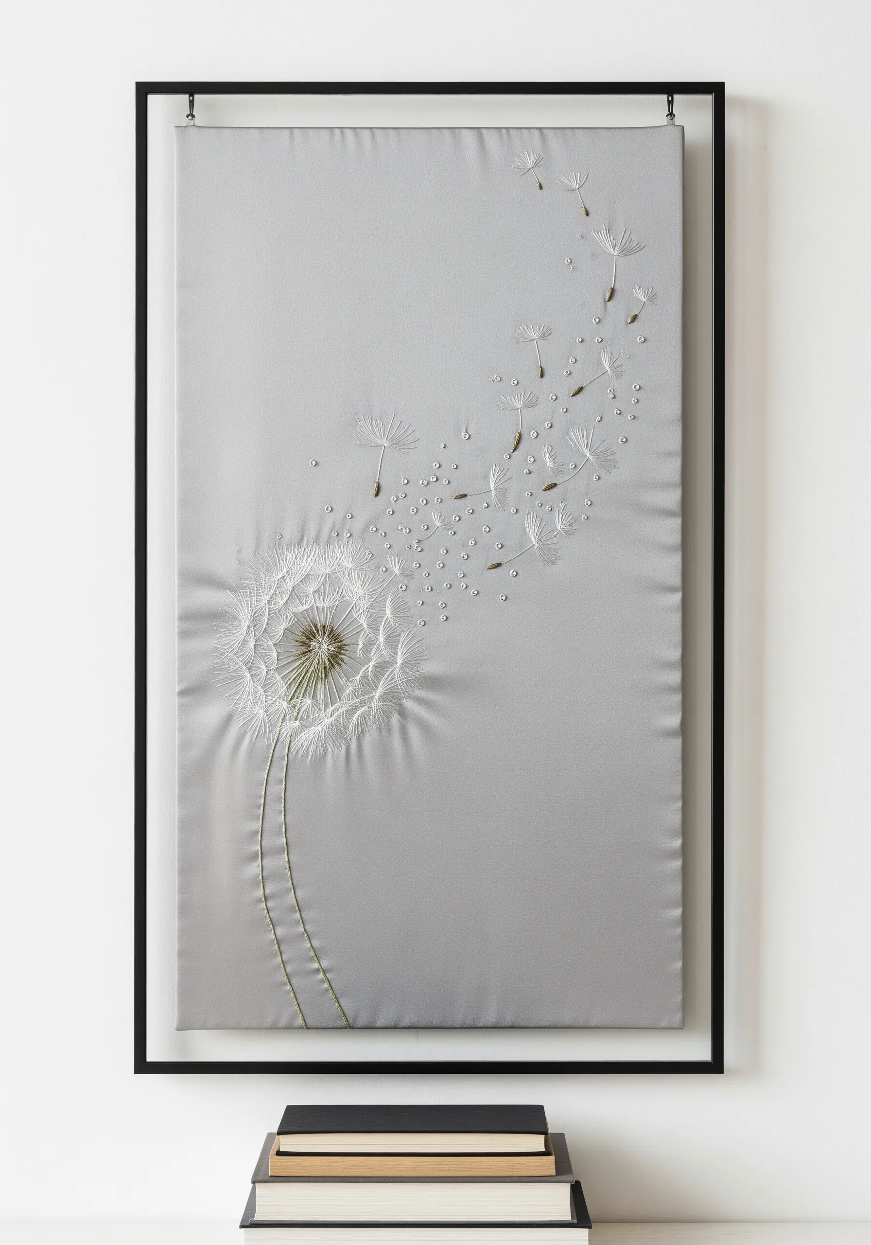 Delicate white embroidery of a dandelion blowing seeds on a silver satin fabric.