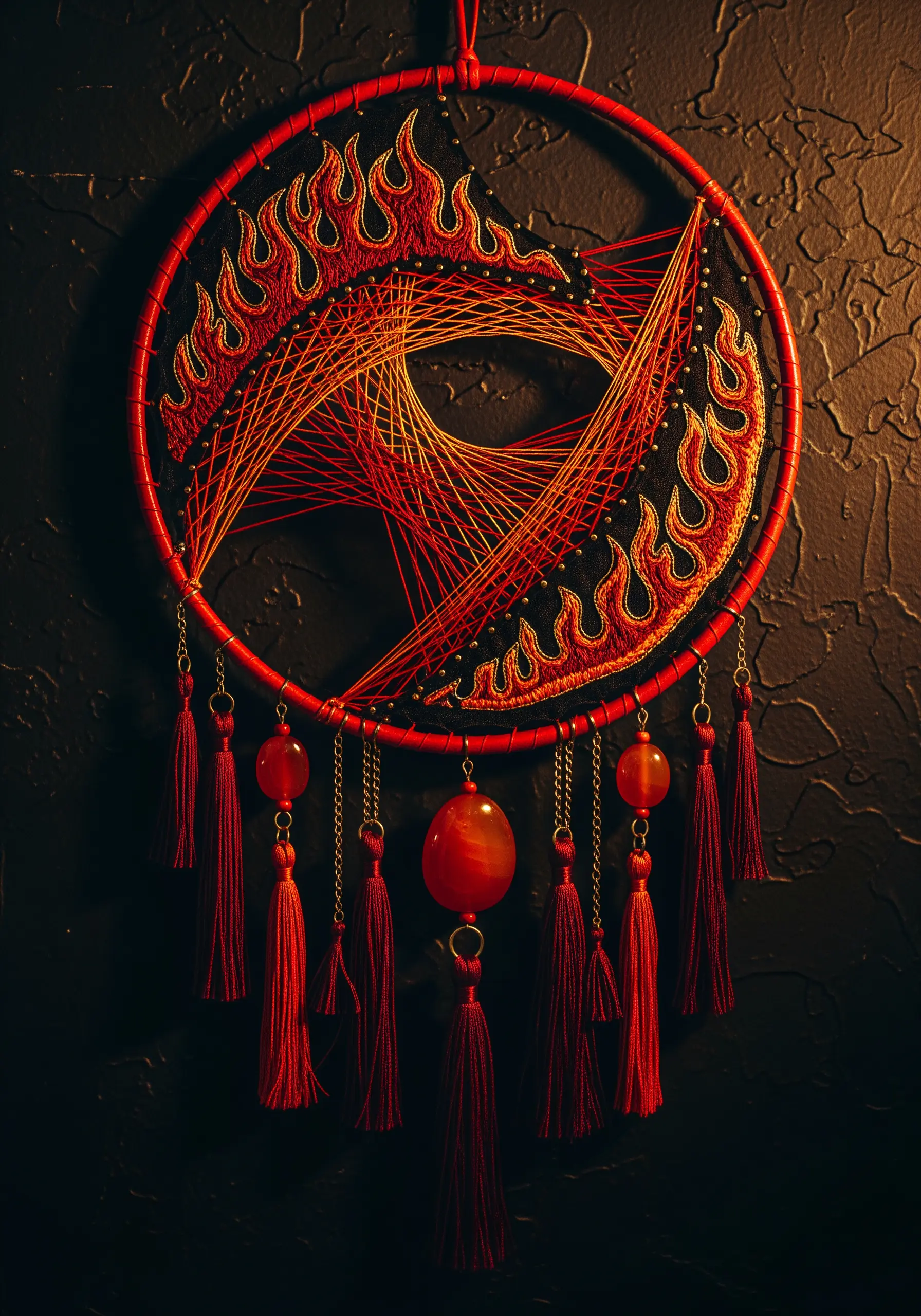 A fiery dreamcatcher with embroidered flames, red string art, and gemstone tassels.