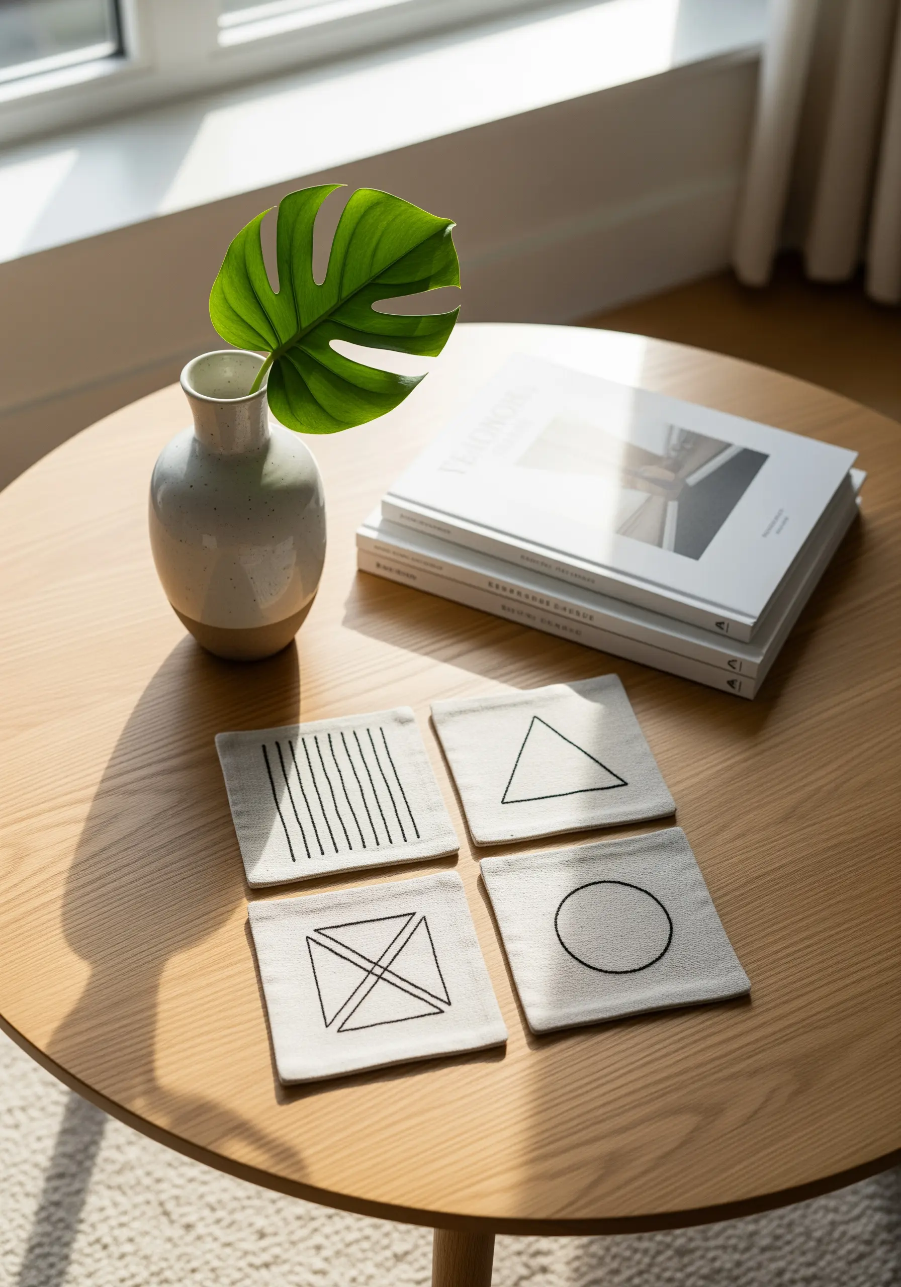 Minimalist geometric coasters with clean backstitch embroidery on linen.