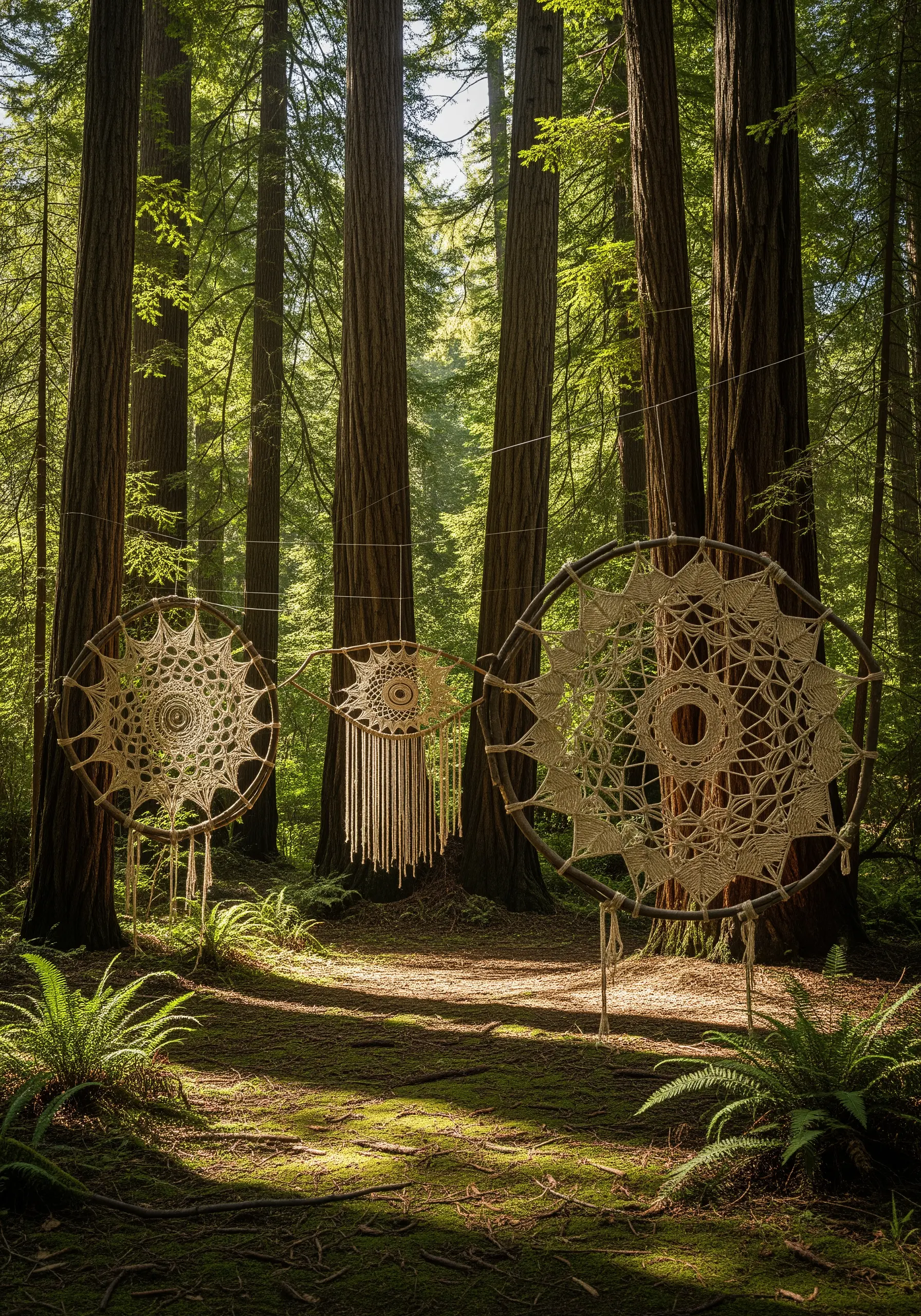 Large, intricate macrame mandalas hanging between tall redwood trees in a sunlit forest.