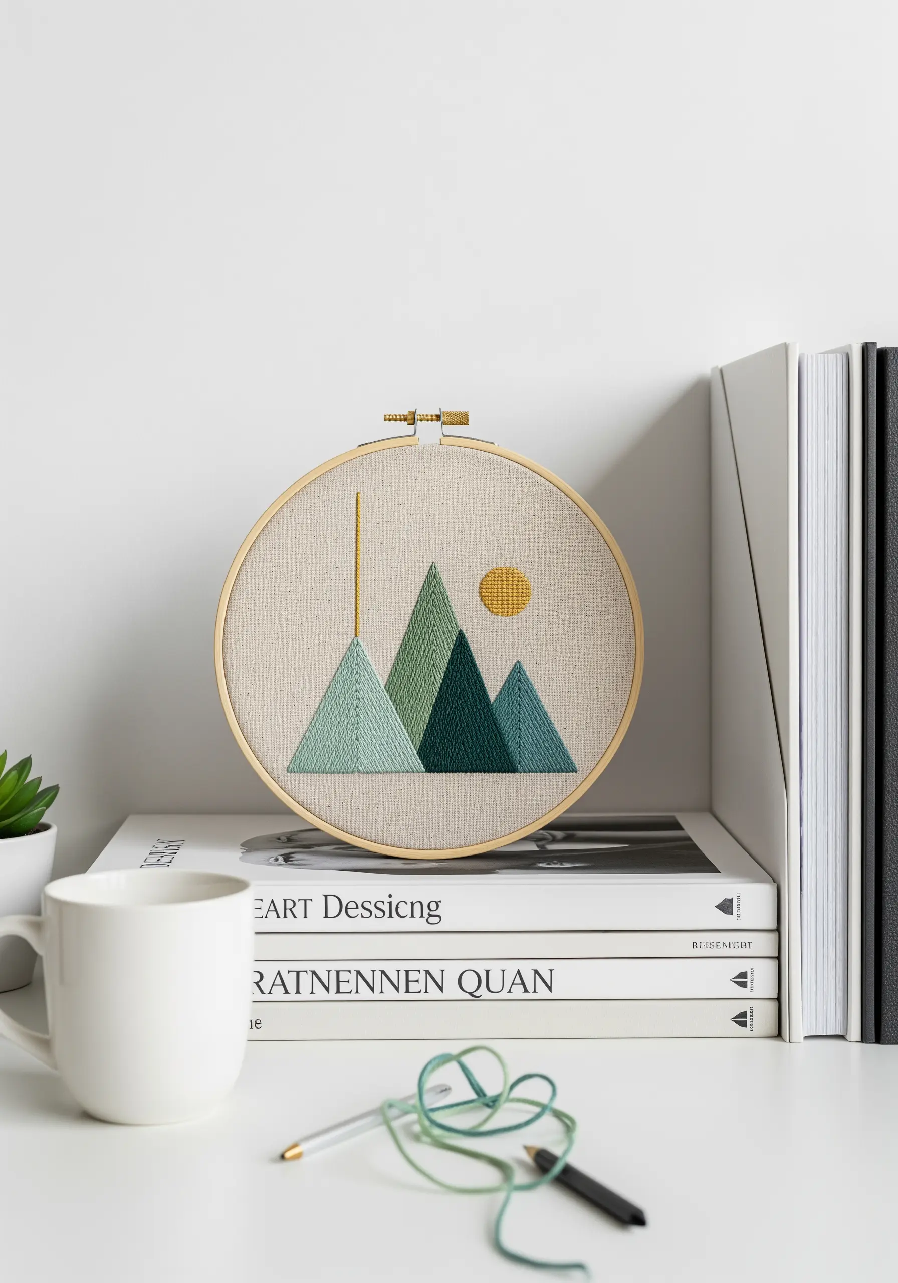 Geometric mountain landscape in green and blue satin stitch with a gold sun.