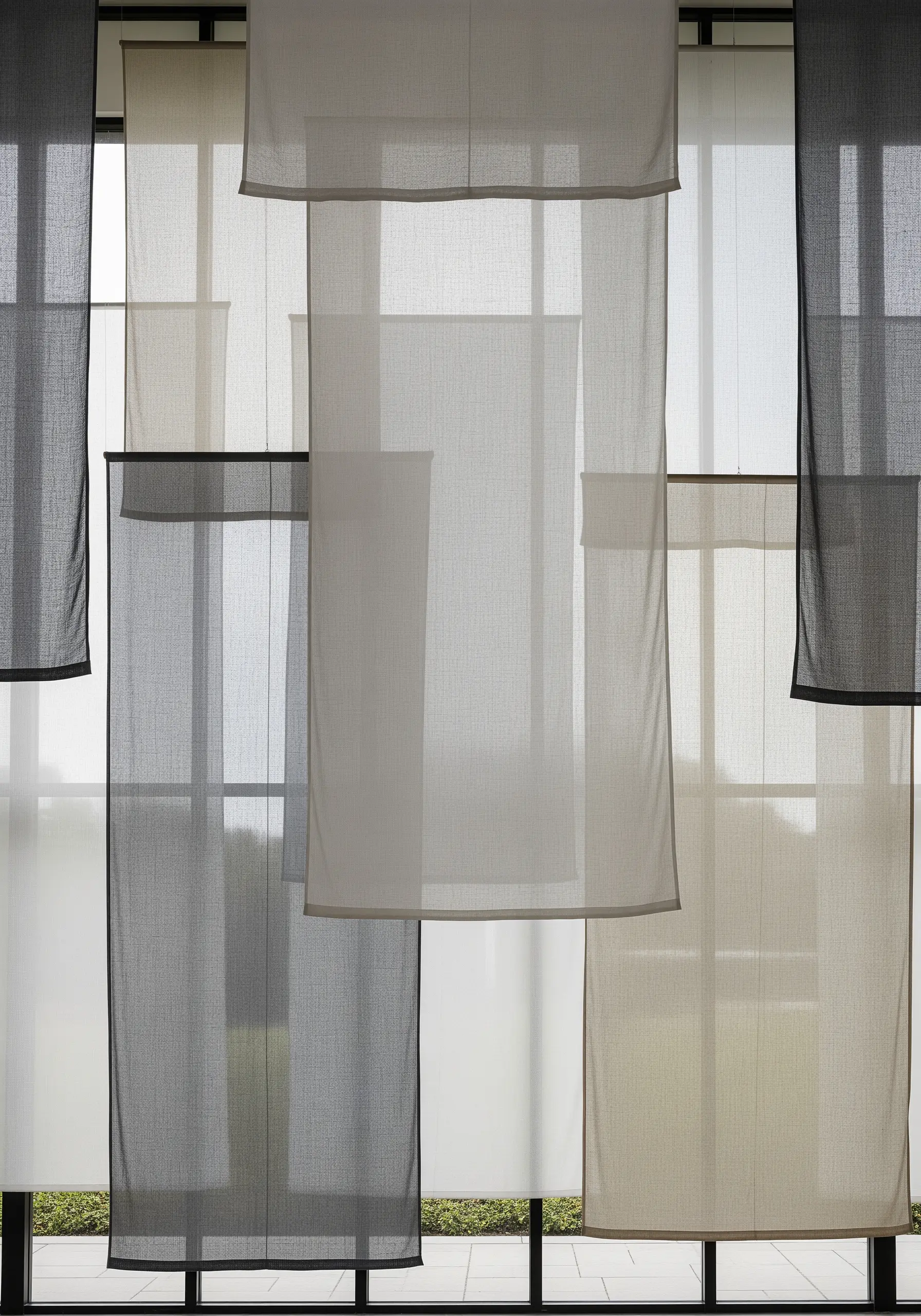 Layered panels of sheer grey and white fabric hanging in front of a window.