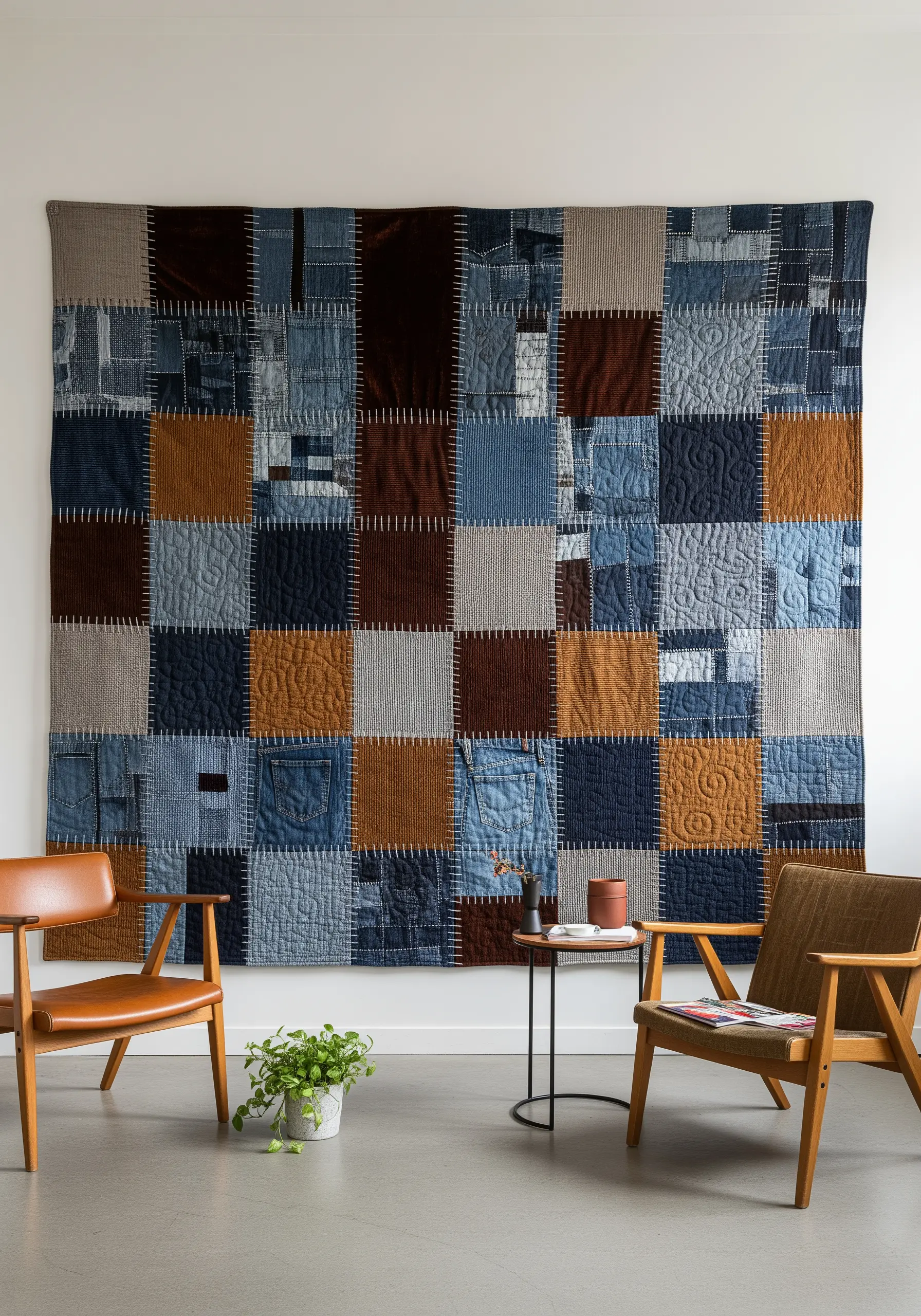 Large patchwork quilt wall hanging with denim and sashiko stitching