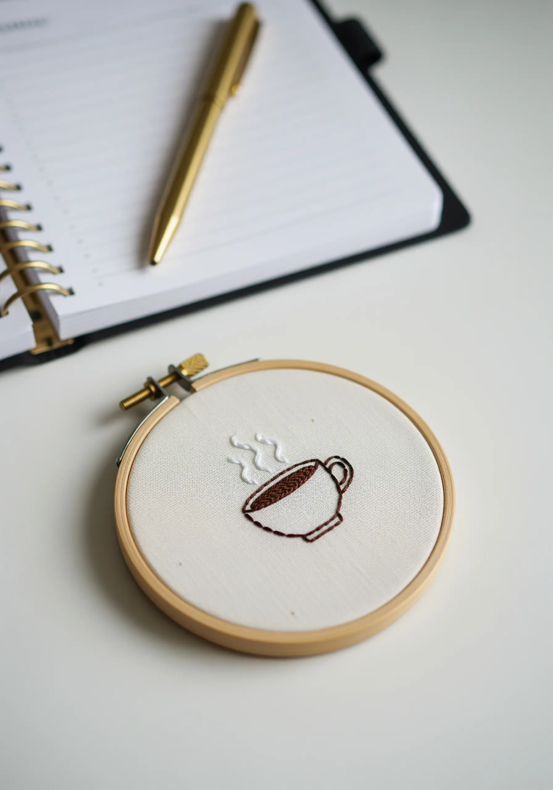 Minimalist coffee cup embroidery with clean brown outlines and white steam stitches.