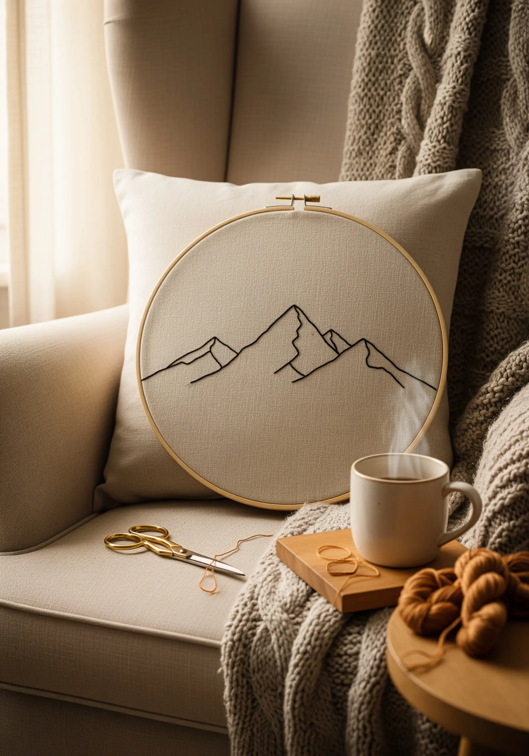 Minimalist mountain range outline stitched in black thread on a neutral fabric hoop.