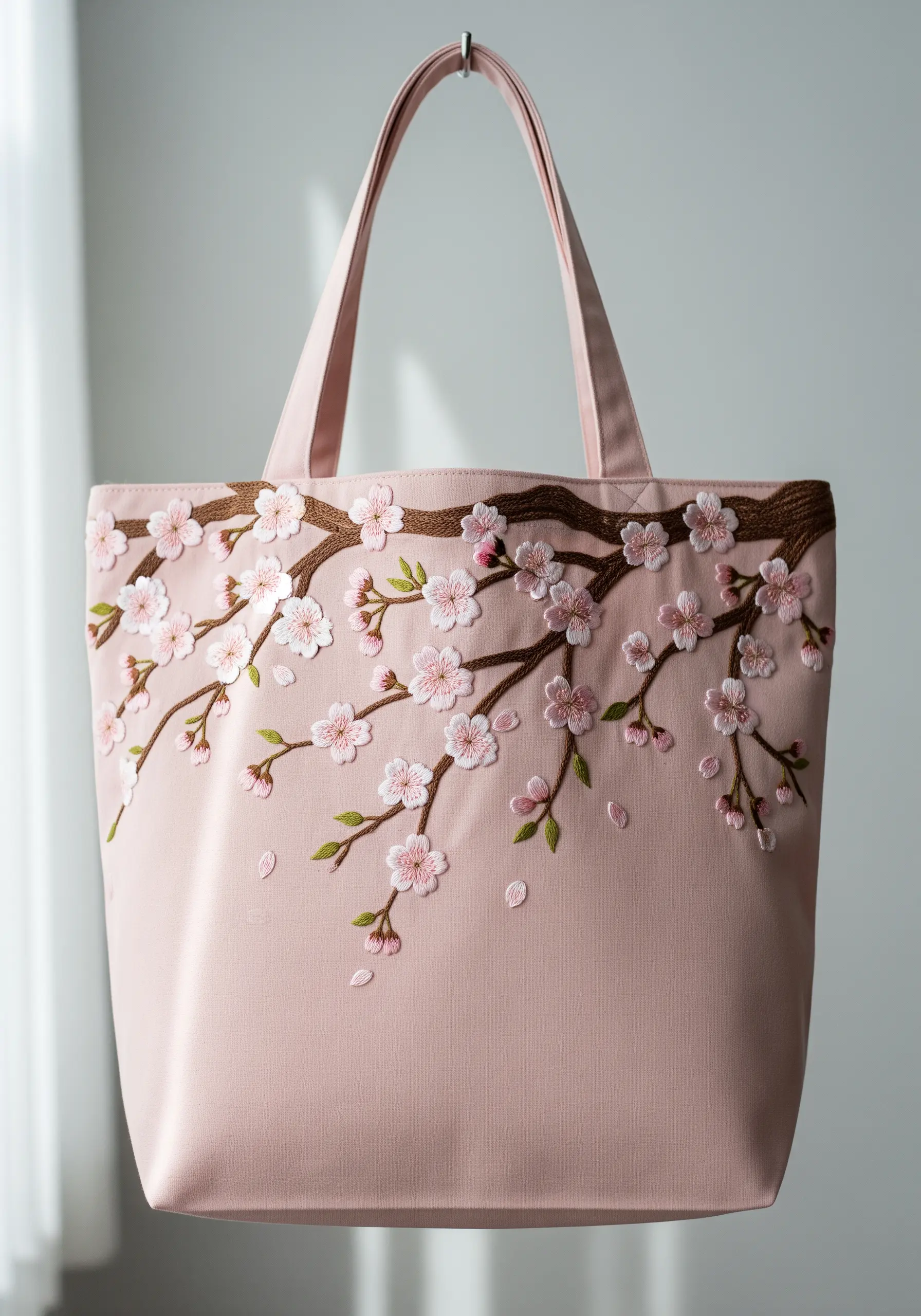 Embroidered cherry blossom branch with 3D petals on a pale pink tote bag.
