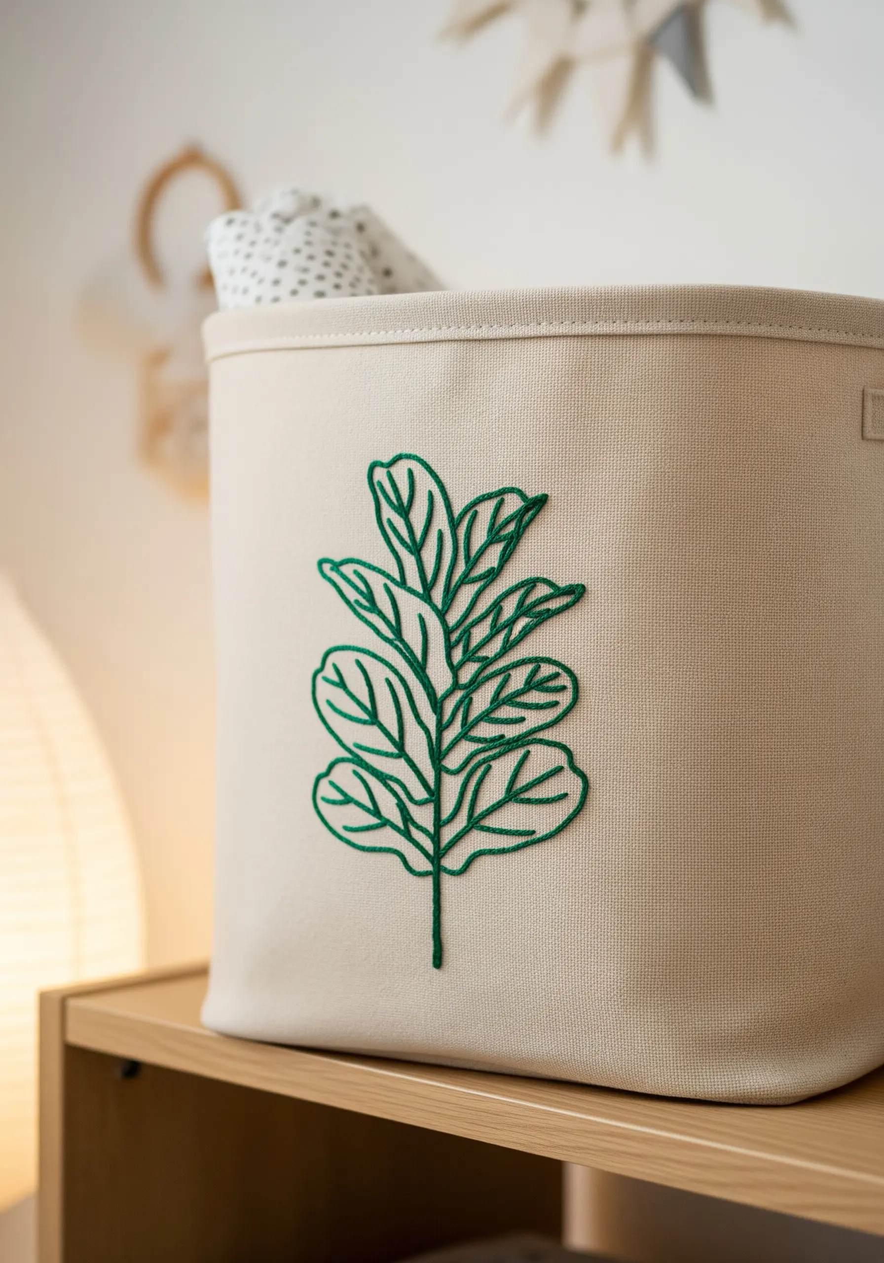 Bold green chain stitch embroidery of a fiddle-leaf fig plant on a canvas basket.