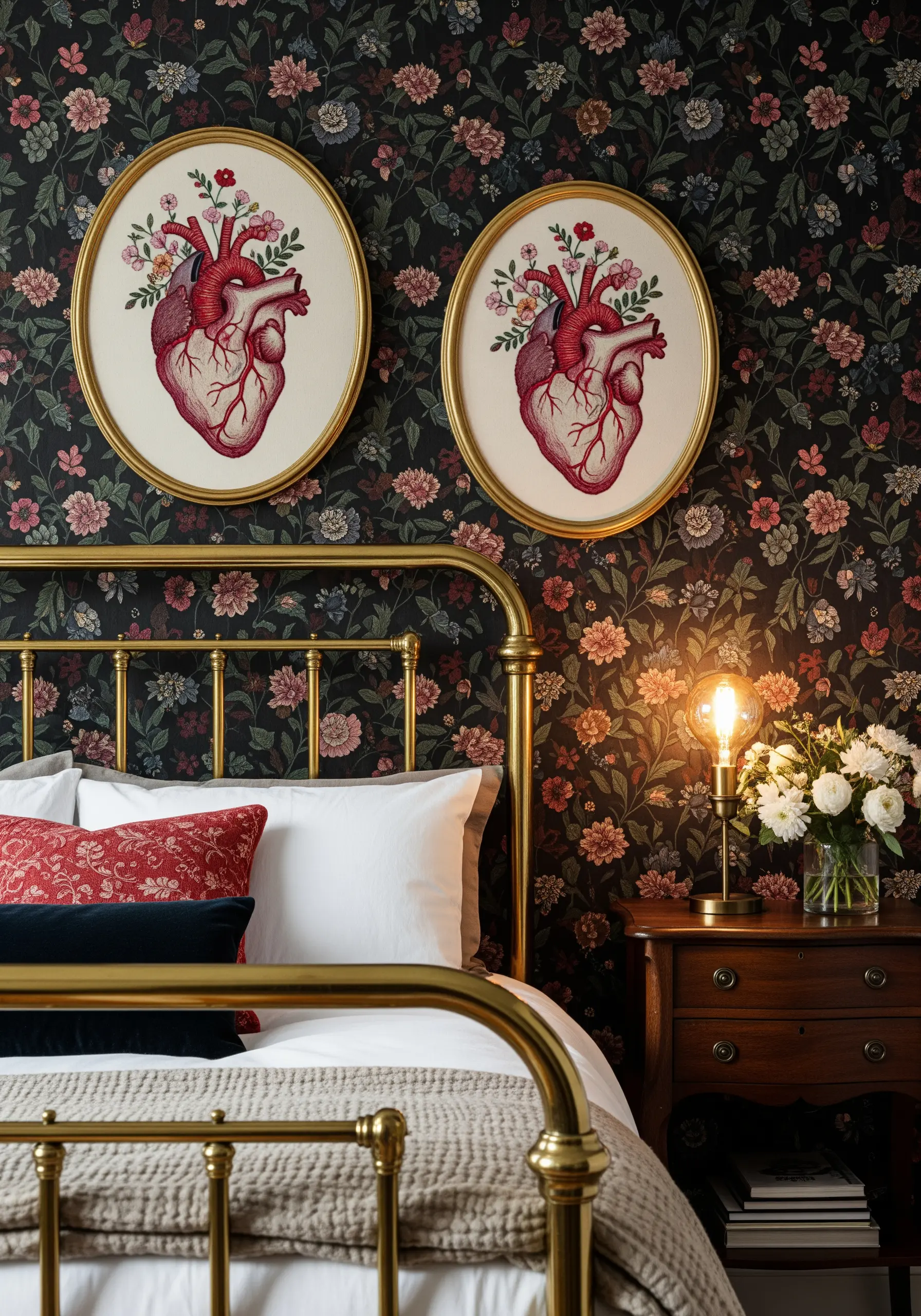 Two framed anatomical hearts with flowers blooming from the arteries.