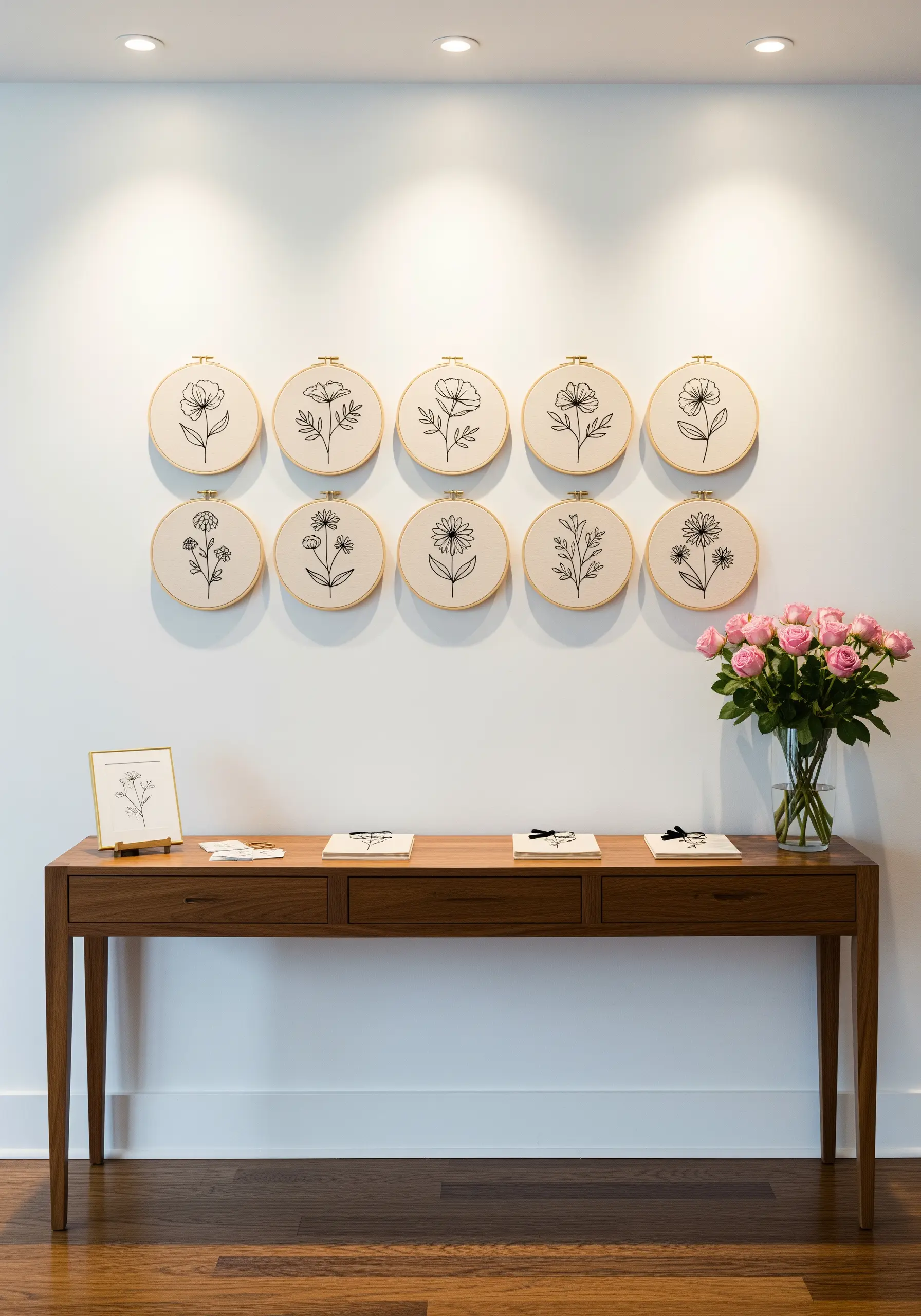 A grid of ten embroidery hoops, each with a different black-thread floral outline.